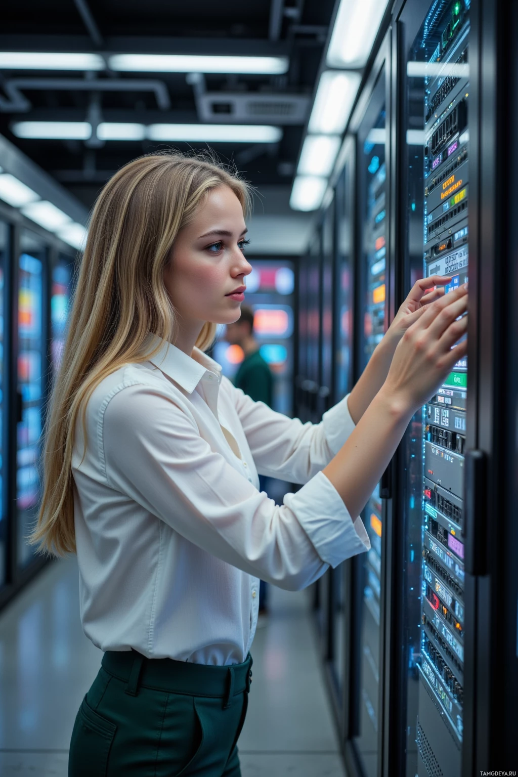 Realistic high quality photo. A 33‑year‑old woman with long blonde hair, bright blue eyes, warm skin tone, wearing a white blouse and dark green trousers, stands in a modern server room at dawn, concentrating on tightening interface pixels on a glowing monitor, surrounded by rows of humming servers, her face showing a determined smile.