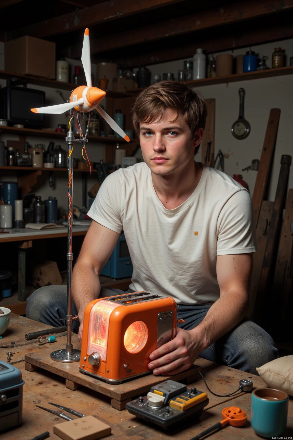 Realistic high quality photo. A 26‑year‑old man with short brown hair, bright blue eyes, pale skin, wearing a white t‑shirt and dark gray jeans, tinkering at midnight in a cluttered garage, wiring a blocky toaster to a small wind turbine with exposed copper wires, a glowing orange toaster with a duck‑shaped speaker, and a makeshift weather‑station pillow on a workbench surrounded by scattered tools.