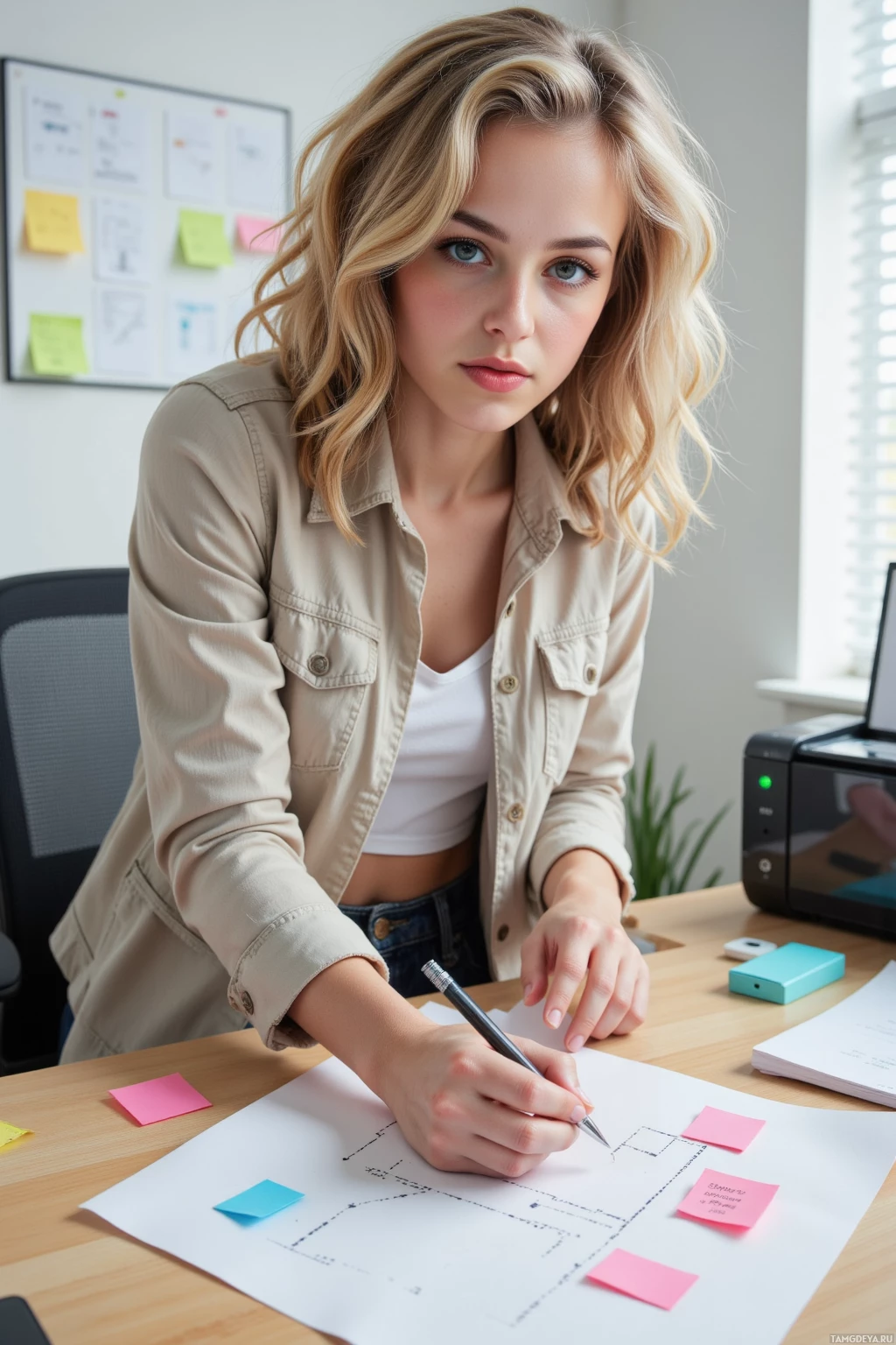 Realistic high quality photo. A 22‑year‑old woman with curly blonde hair, green eyes, light complexion, wearing a light casual jacket and dark jeans, sketching a layout on a desk in a modern office with sticky notes pinned like tiny flags, a solar printer humming in the background, morning light filtering through blinds, she juggles papers with determined focus.
