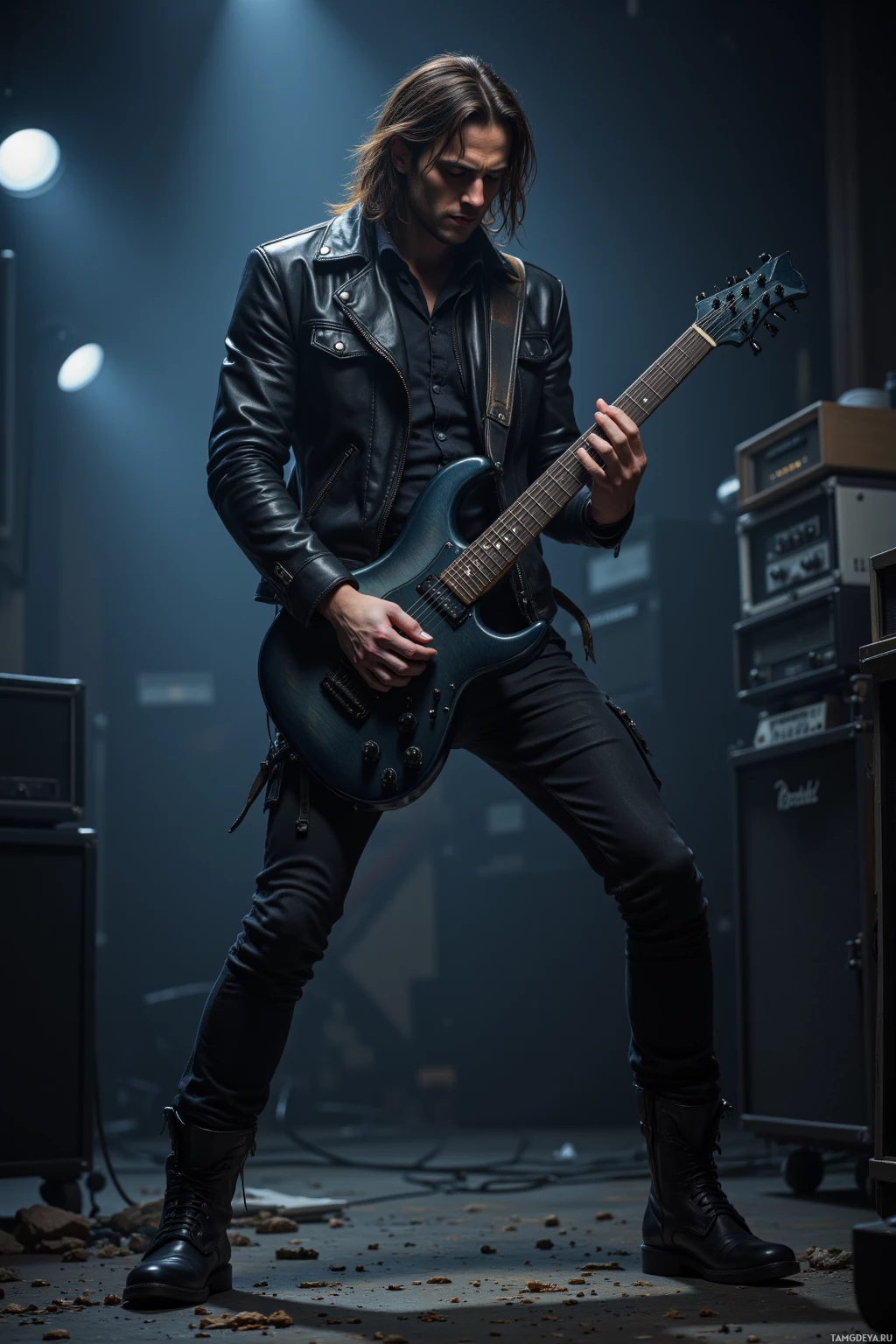 Realistic high quality photo. Rugged 35‑year‑old male guitarist with long dark brown hair, steel‑gray eyes, wearing a black leather jacket, tight jeans and heavy boots, intensely playing an electric guitar in a dim studio with flickering lights and scattered instruments, head tilted, shoulders tense, bathed in muted blue‑gray shadows, exuding a brooding, chaotic atmosphere.