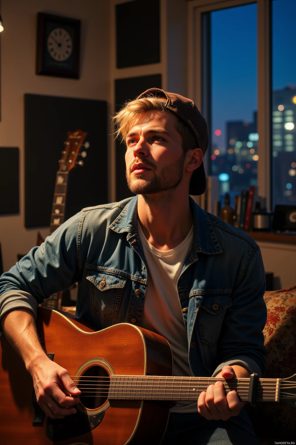 Realistic high quality photo. A 34‑year‑old man with tousled light blonde hair, soft blue eyes, pale skin, a neatly trimmed scruffy beard, wearing a worn denim jacket over a simple t‑shirt and a casual baseball cap, passionately playing an acoustic guitar in a dimly lit home studio that feels like a second living room, with acoustic panels, a few instruments, and a window showing the quiet night of a city skyline.