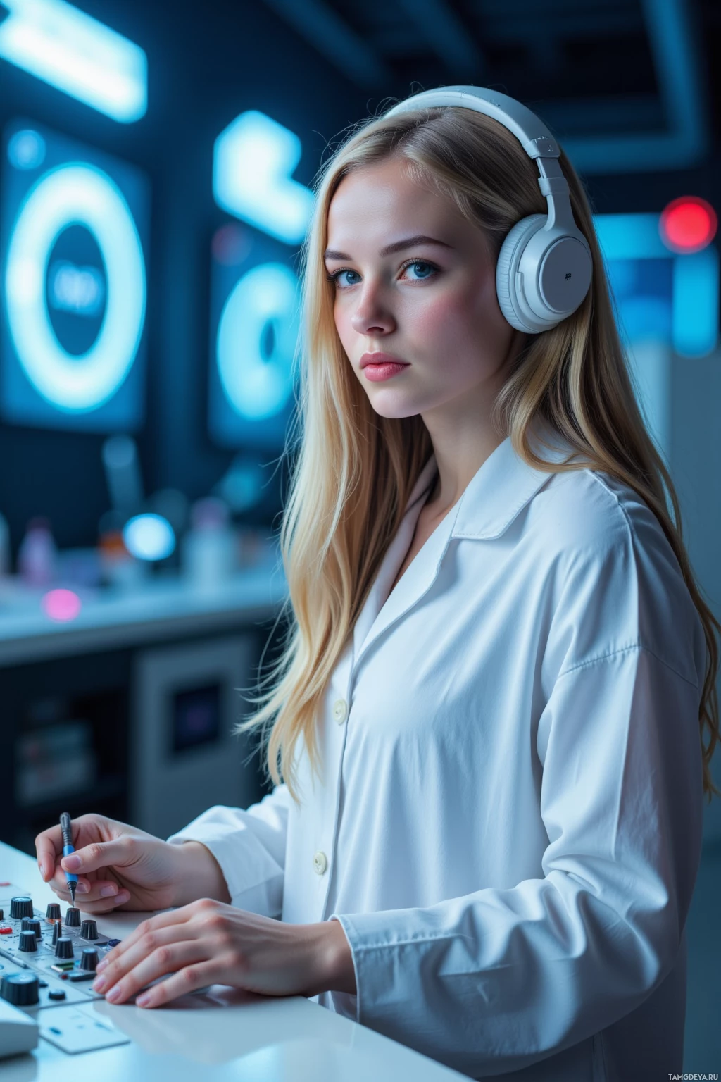 Realistic high quality photo. Female scientist, 25, long blonde braid, bright blue eyes, pale skin, slender figure in flowing white robes, standing in a fluorescent‑lit laboratory, headphones on ears, holding a wavetable controller, focused expression, humming softly, night time.