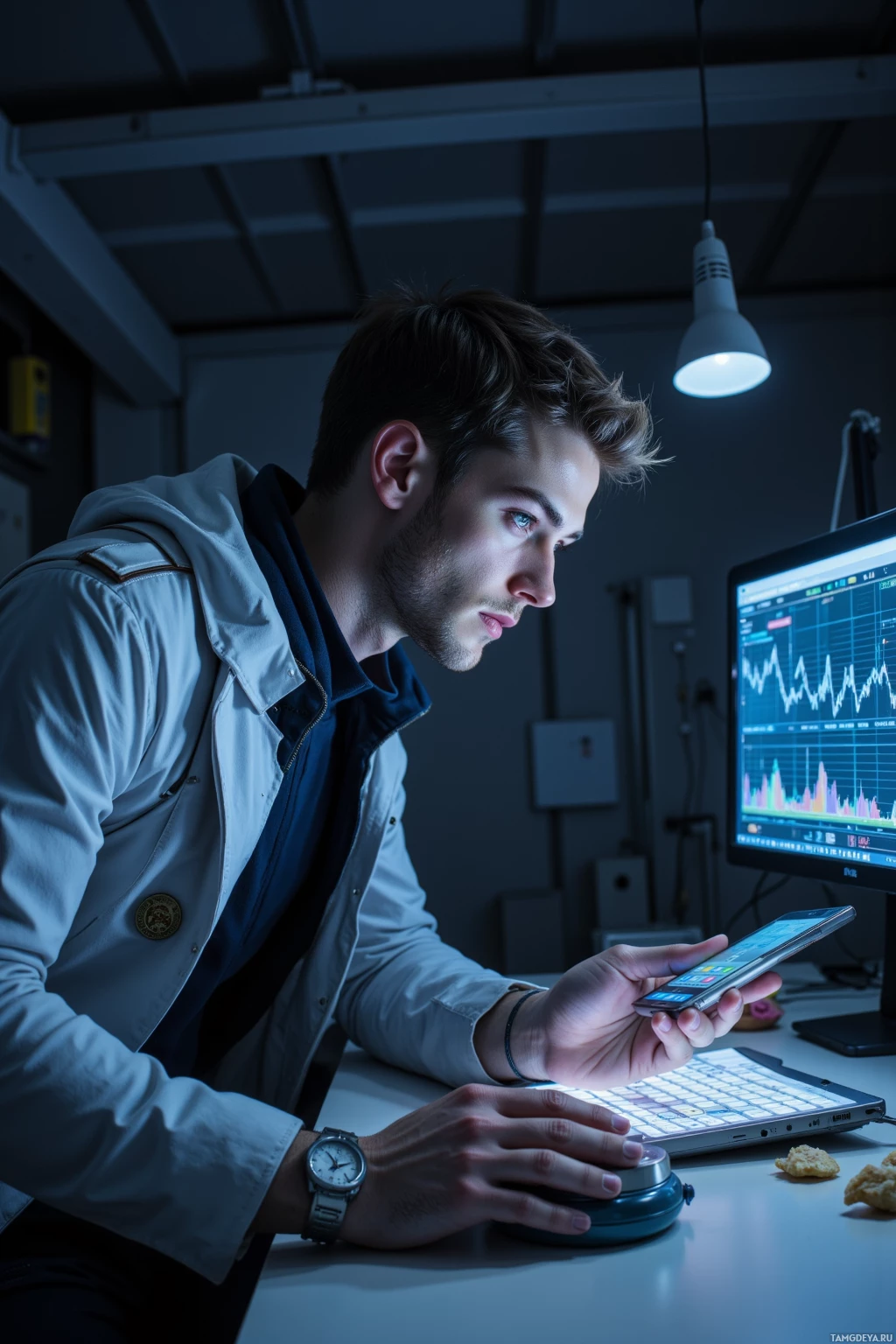 Realistic high quality photo. A tall 28‑year‑old man with short dark brown hair, bright blue eyes, wearing sleek techwear with metallic accents, hunched over a dimly lit laboratory table at 3 a.m., soldering iron doubled as a snack dispenser, tablet in hand recalibrating an AI algorithm, while a small robotic assistant with a gentle grip hovers nearby and a glowing performance graph scrolls smoothly across a monitor.