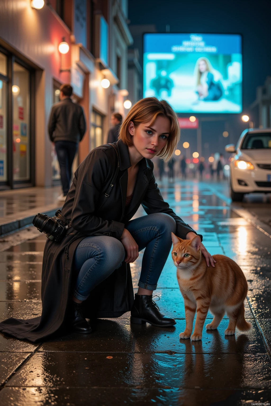 Realistic high quality photo. Female investigative journalist, 27, short auburn hair, blue eyes, sharp determined features, wearing jeans, top, slick trench coat, camera over shoulder, interrogating a stray cat on a wet urban street at night beneath a glowing billboard, city lights reflecting off the pavement, her posture poised and confident.