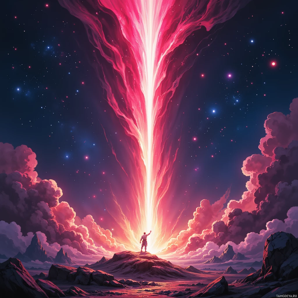Semi-abstract image with many empty light space at center of beautiful background, that is suitable for the post:  A crimson comet blinks through the void, and I, its hunter, follow it in stone.