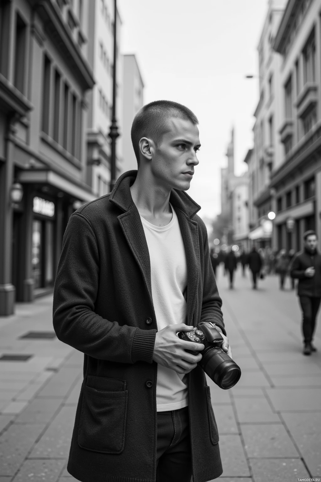 Realistic high quality photo. A 32-year-old man with a light brown buzz cut, green eyes, wearing a loose oversized cardigan, standing on a gray concrete sidewalk in a monochrome cityscape, holding a black‑and‑white camera, looking thoughtfully at the dull urban backdrop at late afternoon.