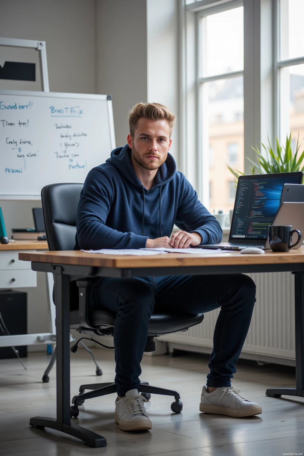 Realistic high quality photo. Tall 26‑year‑old blonde man with bright blue eyes and athletic build, wearing a navy hoodie, dark jeans, and white sneakers, sits at a modern office desk with a laptop open to code, a whiteboard showing bug fix notes, a coffee mug beside him, morning light streaming in, his focused expression radiating calm intensity.