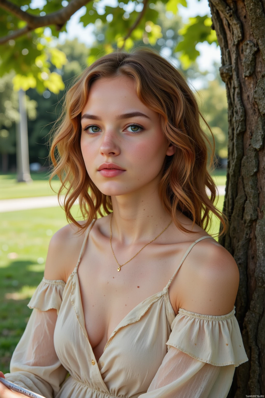 Realistic high quality photo. A 29‑year‑old woman with curly auburn hair and warm hazel eyes, wearing a flowing maxi dress and layered necklaces in soft earthy tones, sits in a late afternoon garden beside an old oak tree, sketching the shadows of leaves catching fading light, surrounded by lush greenery.