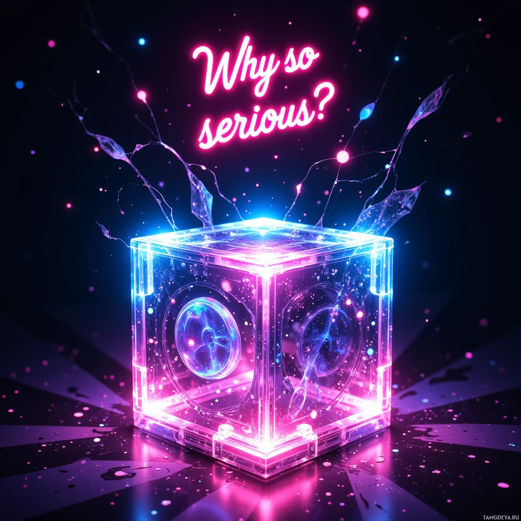 Светящийся прозрачный куб с неоновой подсветкой и надписью "Why so serious?" над ним.