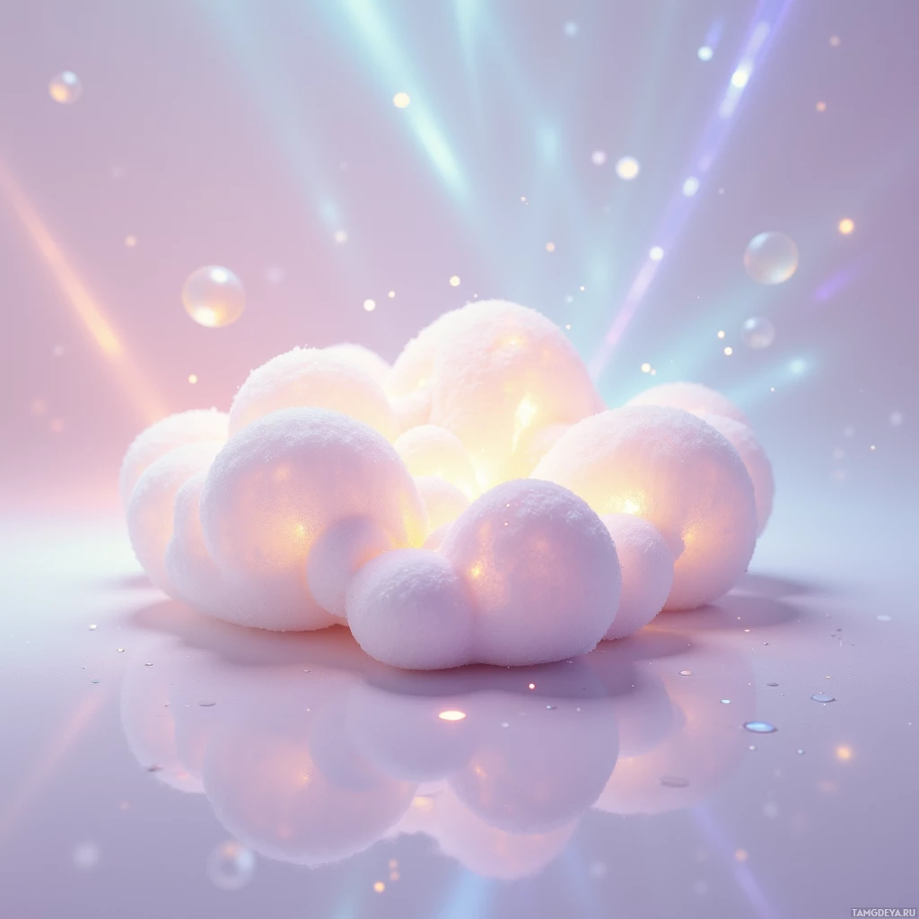 Semi-abstract image with many light, that is suitable for the post:  cloud-shaped memory foam cushion in soft pastel gradient, translucent essential-oil droplets suspended inside, faint iridescent sensor lines woven through, subtle rippling light indicating gentle vibration, sleek minimalist matte surface