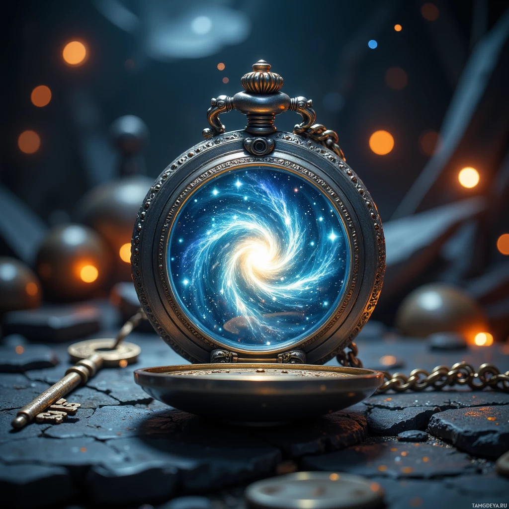 Semi-abstract image with many light, that is suitable for the post:  tiny silver pocket watch, glass face etched with swirling galaxy, faint star‑like glow, delicate brass key with ornate filigree, intricate gear details, weightless elegant design, subtle luminous accents.
