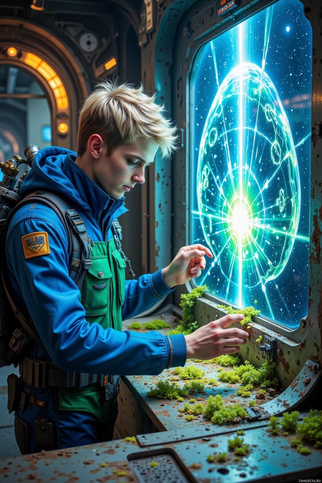 Realistic high quality photo. Young man, 20, blonde hair, bright blue eyes, wearing a blue and green utility jumpsuit with solar panels, standing on a derelict orbital platform in space near the Lira Nebula, soldering circuitry onto rusted alloy panels while bioluminescent algae glow, with a visible quantum lattice and a hydroponic dome blueprint projected on a transparent screen.
