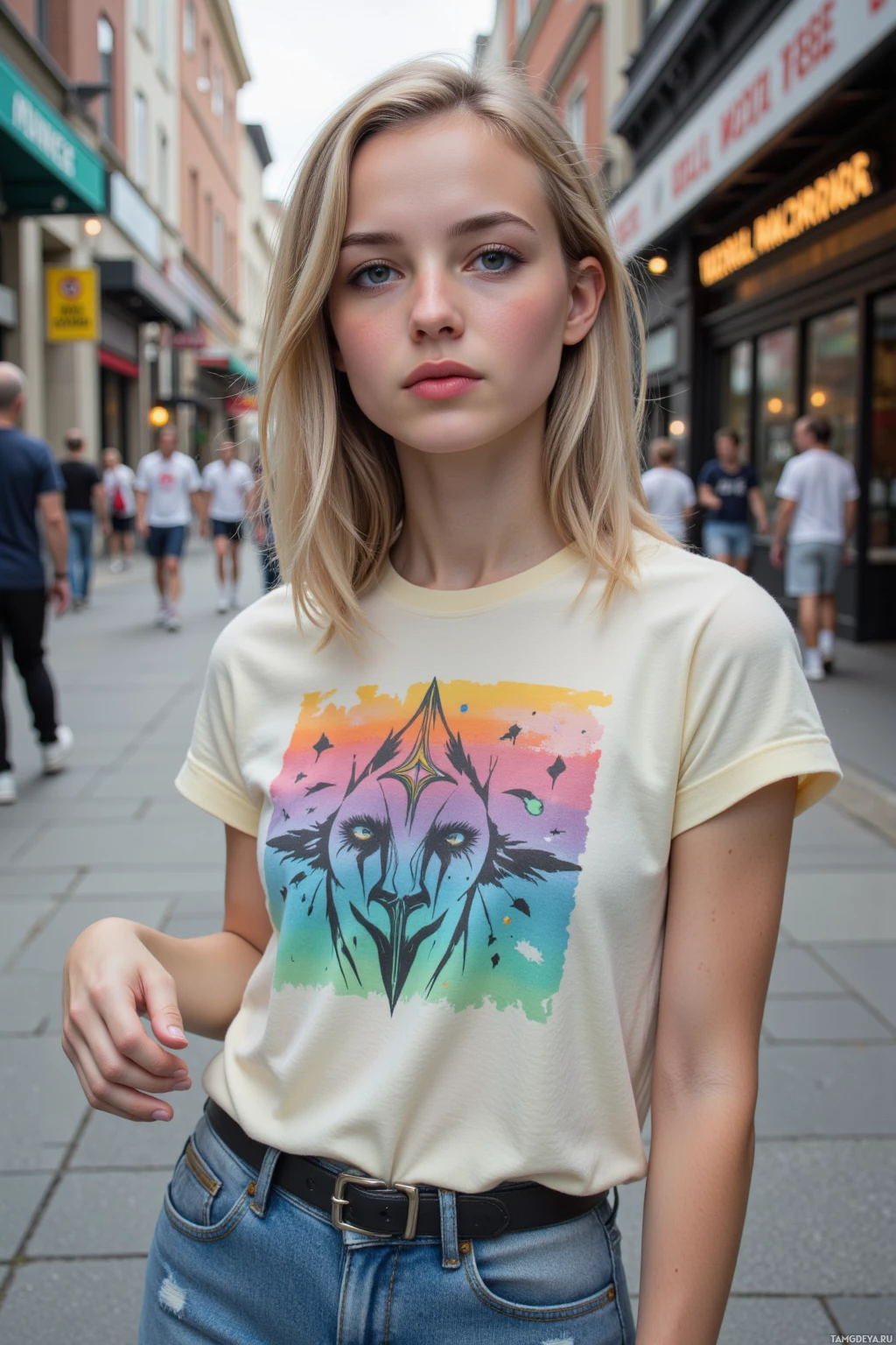 Realistic high quality photo. 20‑year‑old woman with shoulder‑length messy pastel bob, blue‑green eyes, pale skin, wearing a colorful graphic t‑shirt, high‑waisted jeans, sneakers, standing on a bustling sidewalk with a phone slipping from sweaty fingers into a dark crack in the concrete, chaotic playful moment.