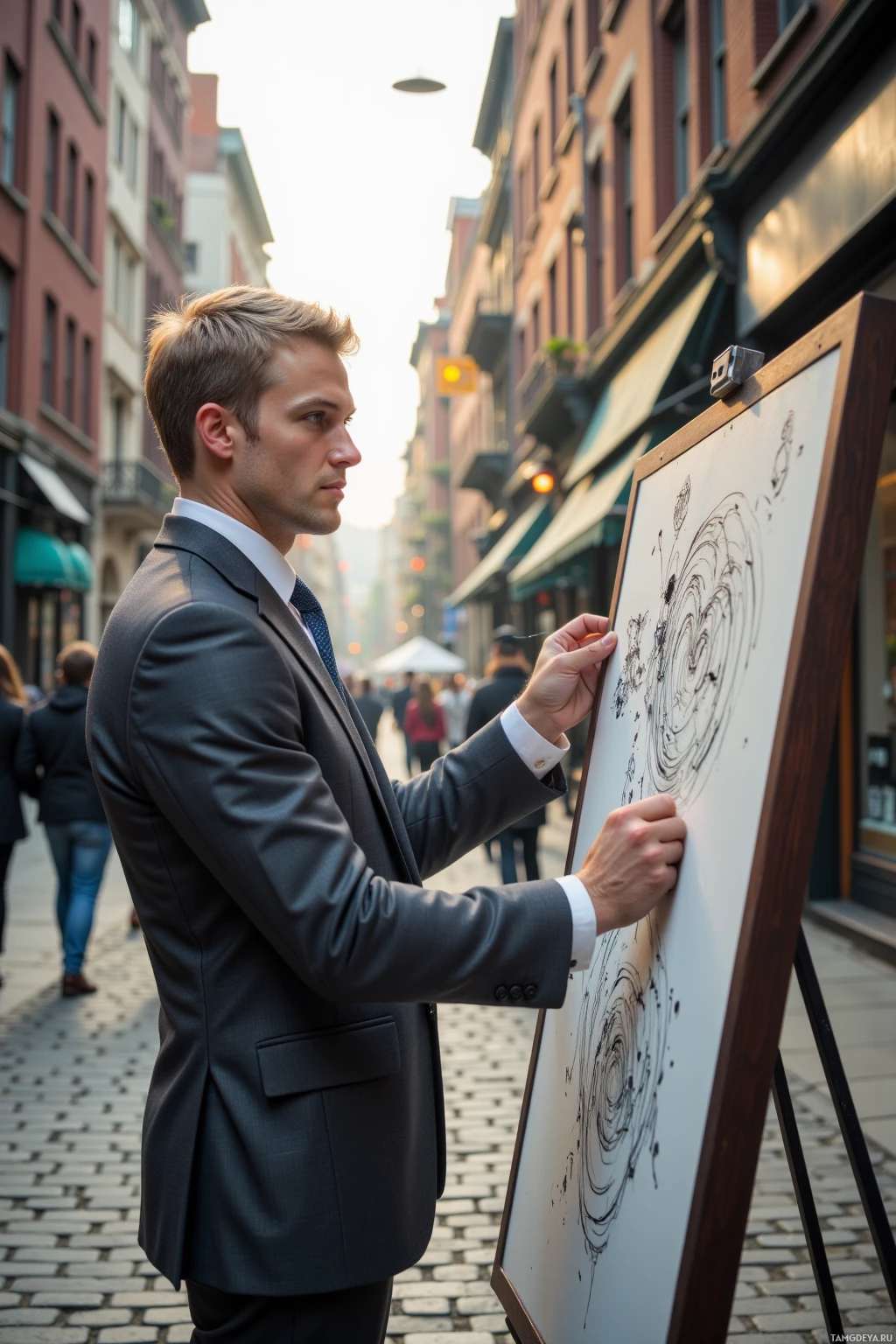 Realistic high quality photo. A 31‑year‑old man with short blonde hair, blue eyes, wearing a tailored dark gray suit, crisp white shirt and slim tie, stands on a cobblestone sidewalk at dawn in a busy city street, intently sketching rhythmic patterns on a large whiteboard. early morning light filtering through tall brick buildings.