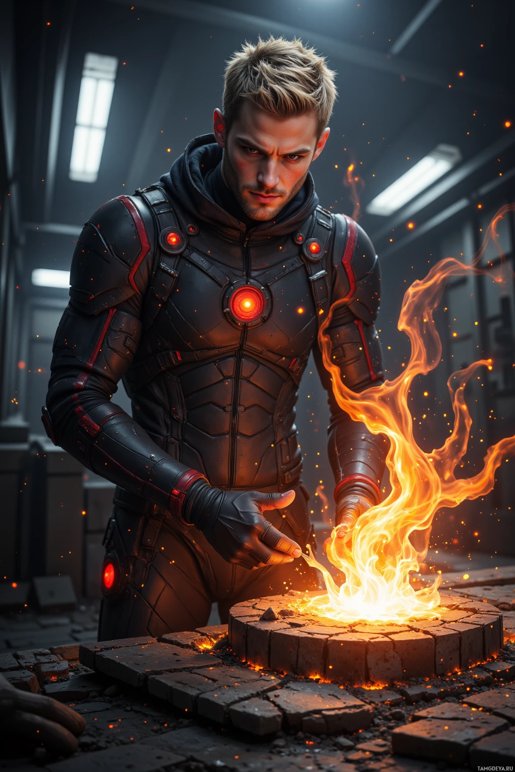 Realistic high quality photo. A lithe 29‑year‑old male with blonde hair, piercing blue eyes, a mischievous grin, wearing a form‑fitting black and red stealth suit with sleek armor panels, fine‑tunes a glowing plasma‑conduit in a dimly lit, high‑tech laboratory, sparks swirling into heat patterns against dark walls, leaving charred outlines of a prototype amid a quiet, controlled chaos.