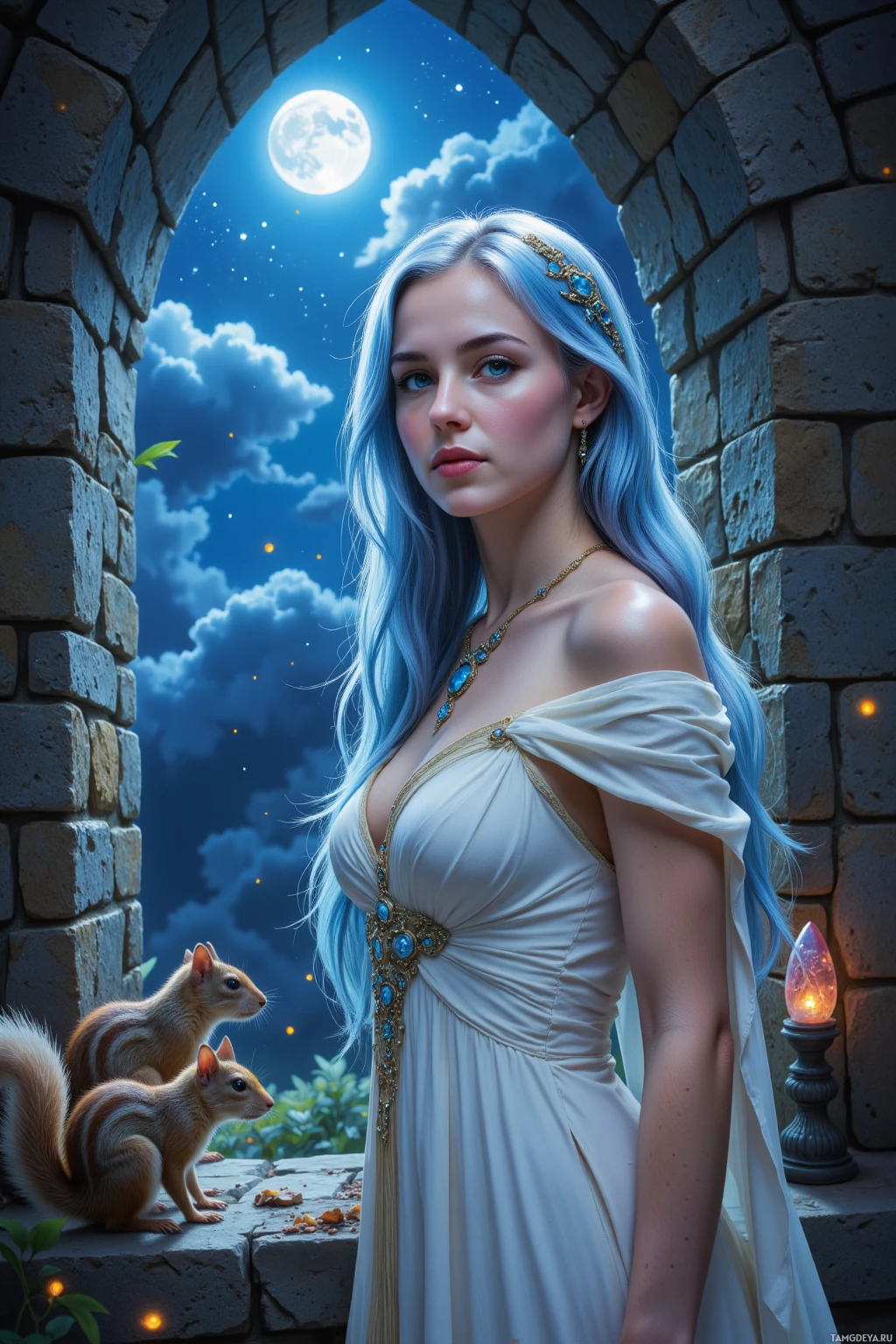 Realistic high quality photo. A serene woman with long flowing blue hair and deep blue eyes, wearing a light-colored flowing dress adorned with sapphire jewelry and a tight shawl, standing beside a crystal window in a moonlit cavern, with squirrels gathering outside, a glowing moonstone nearby, and a gentle wind swirling around her.