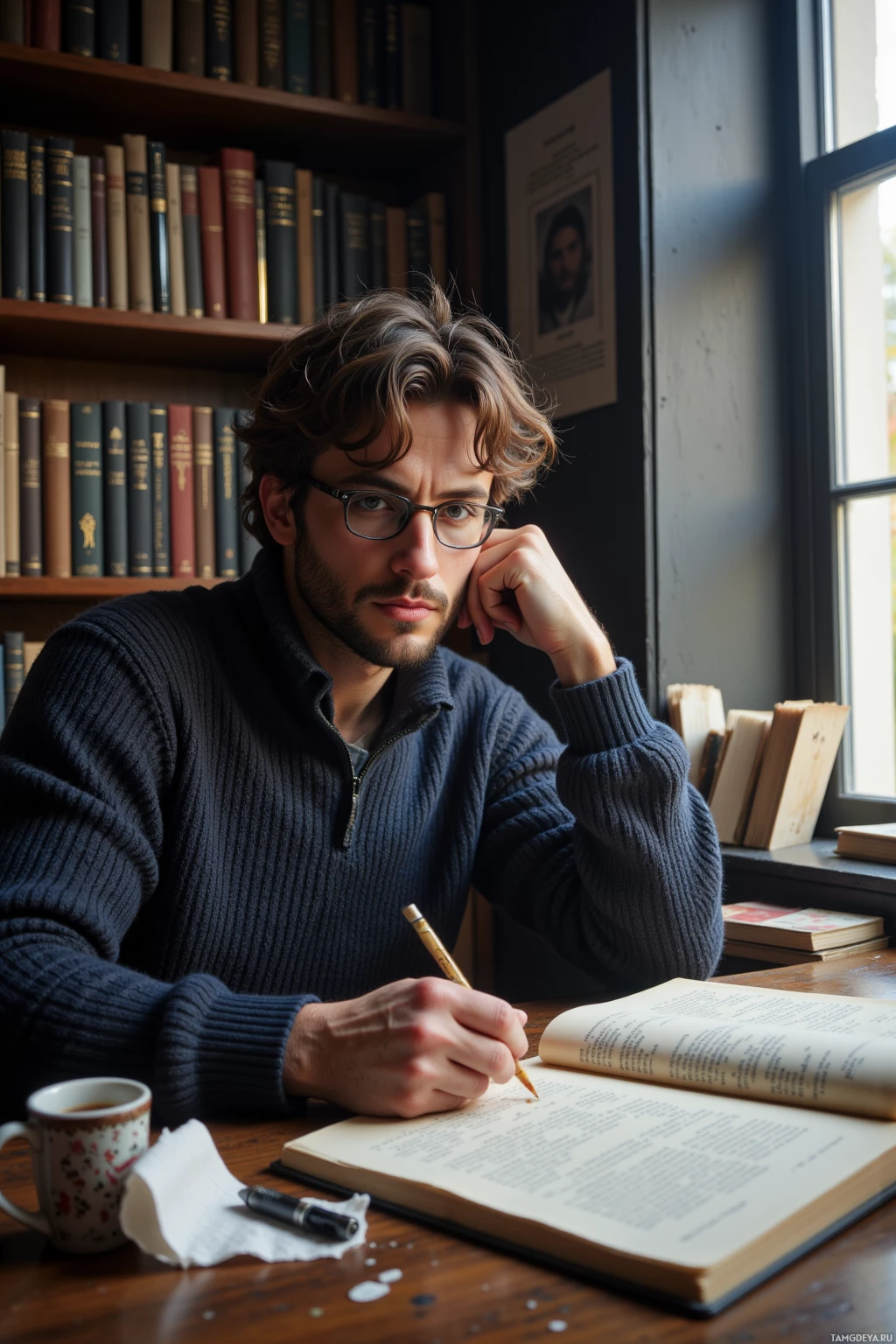 Realistic high quality photo. A 35‑year‑old man with messy dark brown hair and glasses, wearing a cozy knitted sweater, sits at a wooden desk in a study lined with towering bookshelves, holding a fresh manuscript with wet ink beside an open notebook, a half‑squared napkin beside a mug of hot water, gazing pensively at the quiet hum of pages turning by a window in a calm, introspective setting.