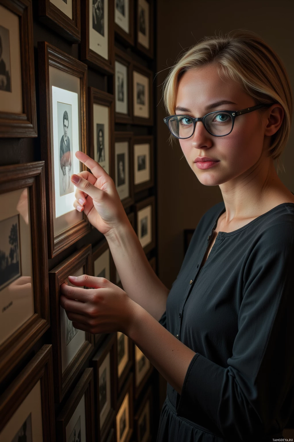 Realistic high quality photo. A 26‑year‑old woman with short blonde hair, blue eyes, artistic glasses, a defined jawline and soft smile, wearing a vintage‑inspired dress, stands in a dimly lit archive filled with rows of old photographs, examining a framed photo for a missing lens blur under flickering low light, her brows furrowed as she re‑checks the focus.