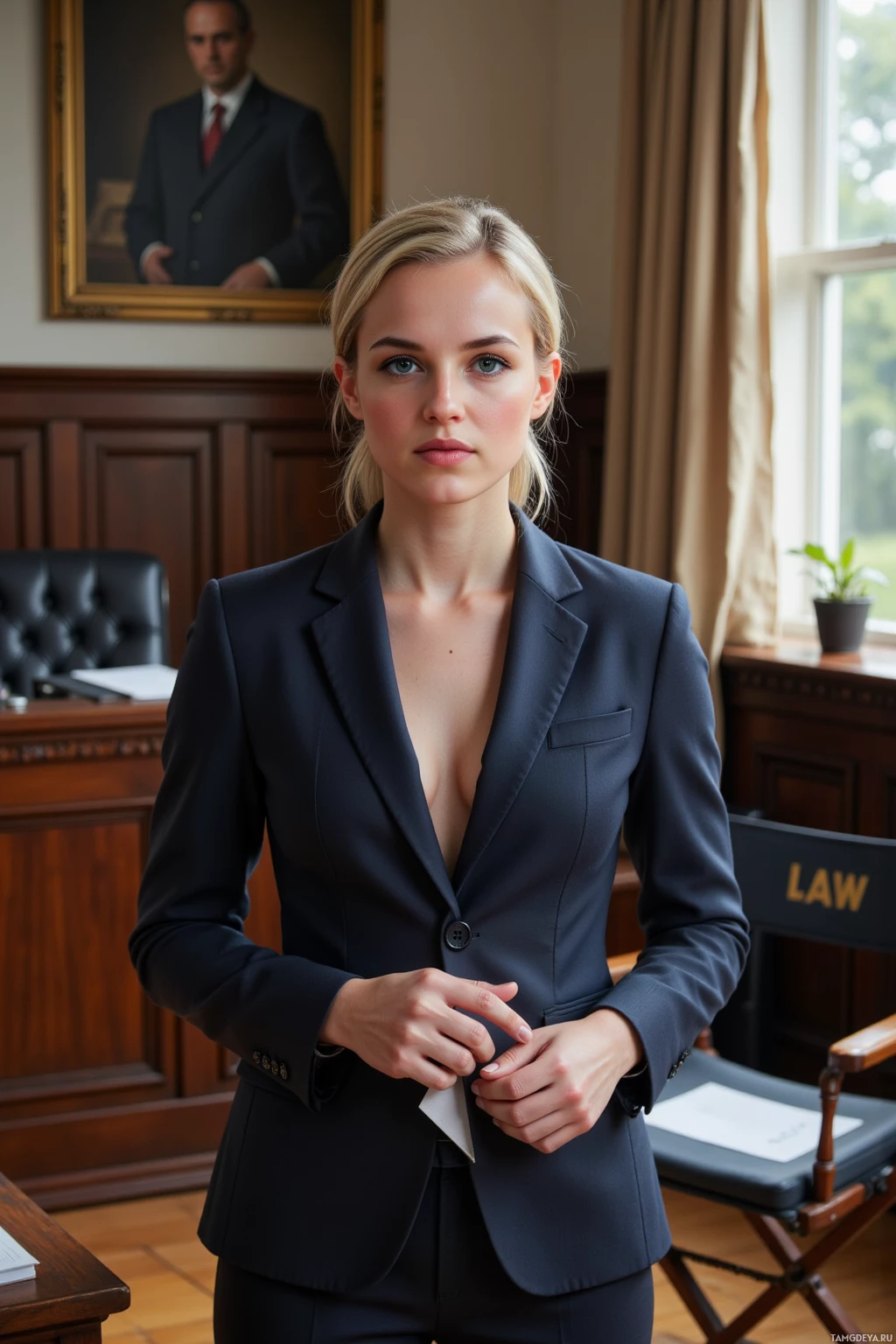 Realistic high quality photo. Woman, 36, blonde hair in a sleek bun, blue eyes, wearing a structured navy blazer and tailored trousers, standing in a rehearsal room that resembles a courtroom with framed legal books and a director's chair, holding three pens and a script with margin notes, early morning light filtering through a window, camera equipment in the background, posture calm and authoritative.