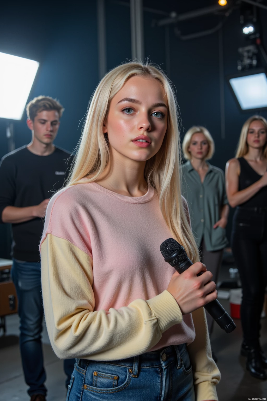 Realistic high quality photo. A 22‑year‑old woman with long straight platinum blonde hair, pale skin, light blue eyes, wearing a soft pastel sweater and denim skirt, standing on a dimly lit movie set clutching a microphone, eyes wide with excitement, head slightly tilted forward as she rehearses a spontaneous line, crew moving in the background under dramatic studio lights.
