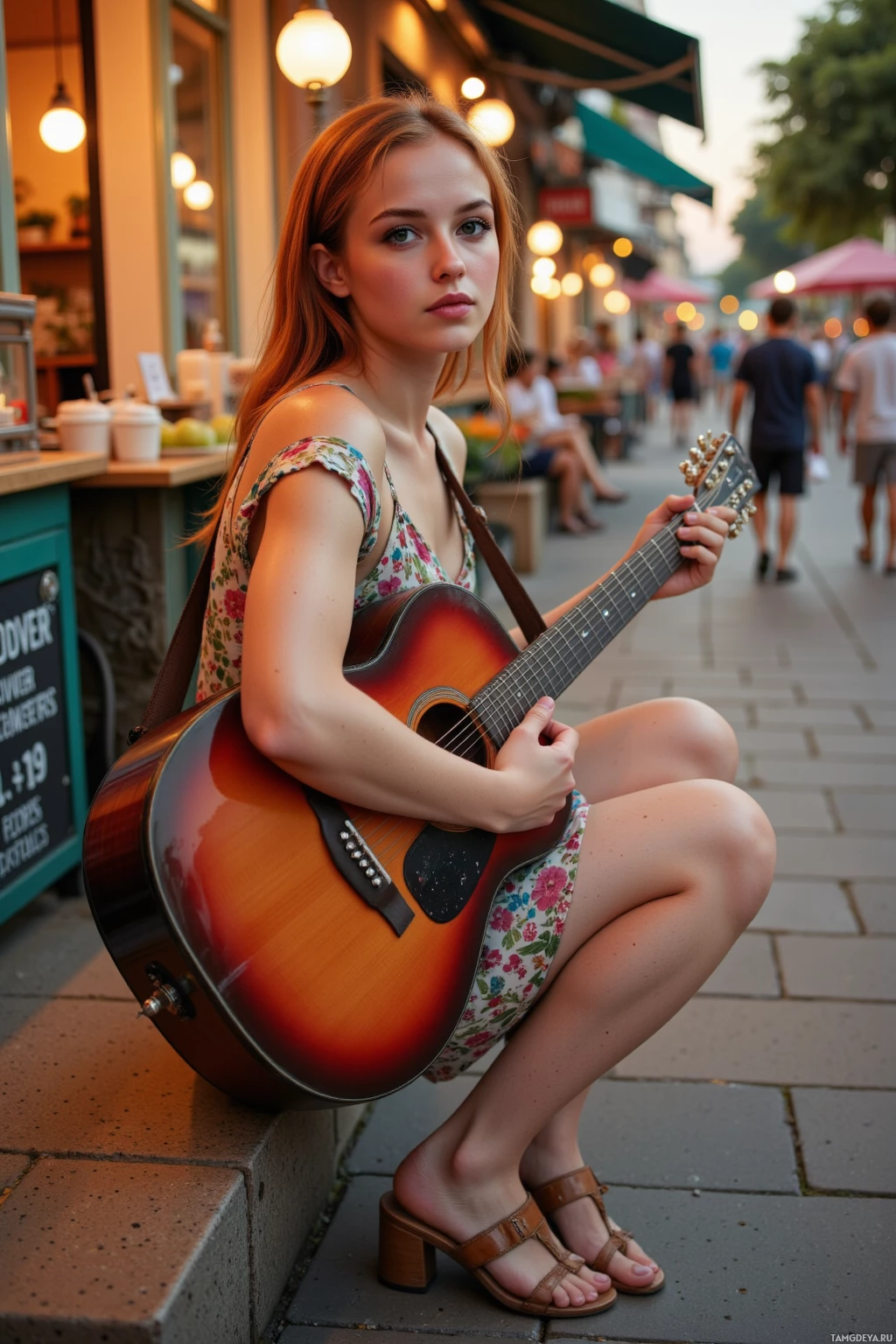 Realistic high quality photo. Woman with fiery red hair in a loose ponytail, green eyes, wearing a casual flowy dress and sandals, playing an acoustic guitar on a sidewalk beside a food stall at sunset, cafés and street vendor lights illuminating a modern city street.