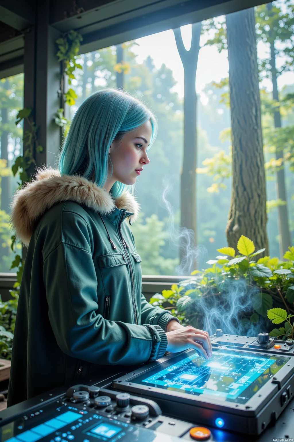 Realistic high quality photo. Female botanist, 26, slender, icy blue hair and bright blue eyes, wearing a cozy fur‑lined cloak, sits at a holo‑console in a sci‑fi forest simulation, watching pixelated digital vines sprout and wrap around the edge of the screen while lavender mist modules emit soft mist, afternoon light filtering through the virtual canopy.