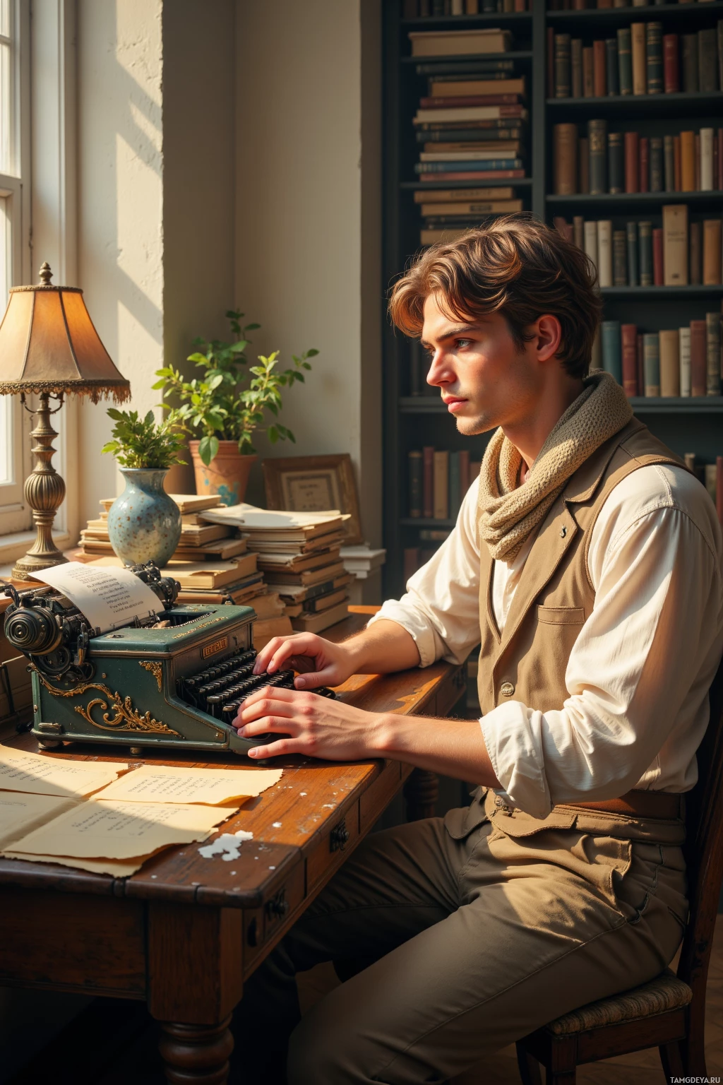 Realistic high quality photo. A 28‑year‑old man with wavy light brown hair, green eyes, linen shirt with rolled sleeves and a soft beige scarf sits at a battered typewriter in a sunlit study, typing a sonnet while sealing a grocery list with wax, whispering to a stray cat perched on a pile of books, humming a French poem, surrounded by parchment, a vintage lamp and a small potted plant.