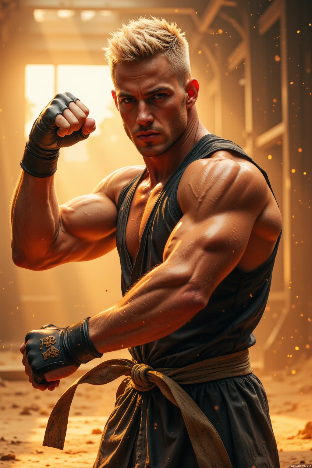 Realistic high quality photo. A muscular 30‑year‑old man with a short buzzcut blonde hair, piercing blue eyes, fair skin, wearing a sleeveless training top, tight athletic shorts, and combat gloves, stands in an open dojo at sunrise with amber dust swirling on the floor, holding a steel weight in one hand while delivering a sharp jab, his posture rigid and focused.