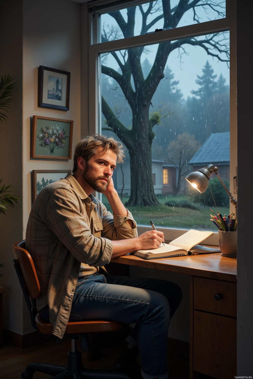 Realistic high quality photo. A 33‑year‑old man with messy blonde hair, a short beard, bright blue eyes, wearing a beige flannel shirt and faded jeans, sits at a small wooden desk in a modern apartment interior on a rainy night, the open notebook in front of him and an old oak tree visible through the window as rain taps the glass.