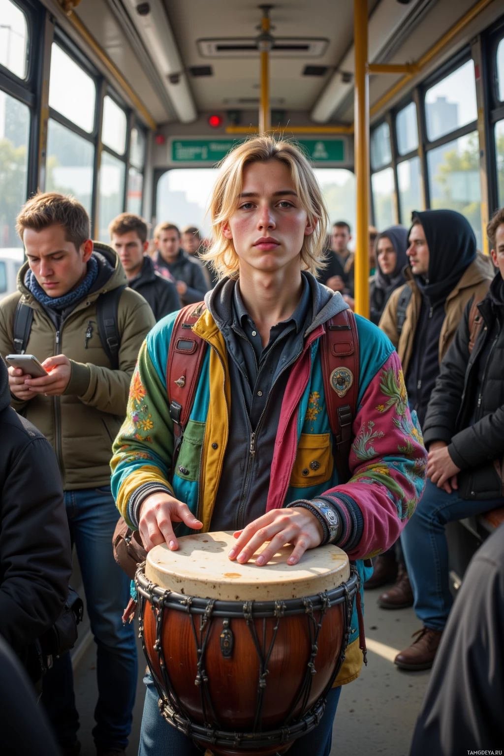 Realistic high quality photo. Young blonde man, 22, bright green eyes, colorful layered bohemian‑street clothing and a worn backpack, playing a small drum on a crowded city bus, midday light streaming through the windows, a mix of exuberant rhythm and quiet loneliness.