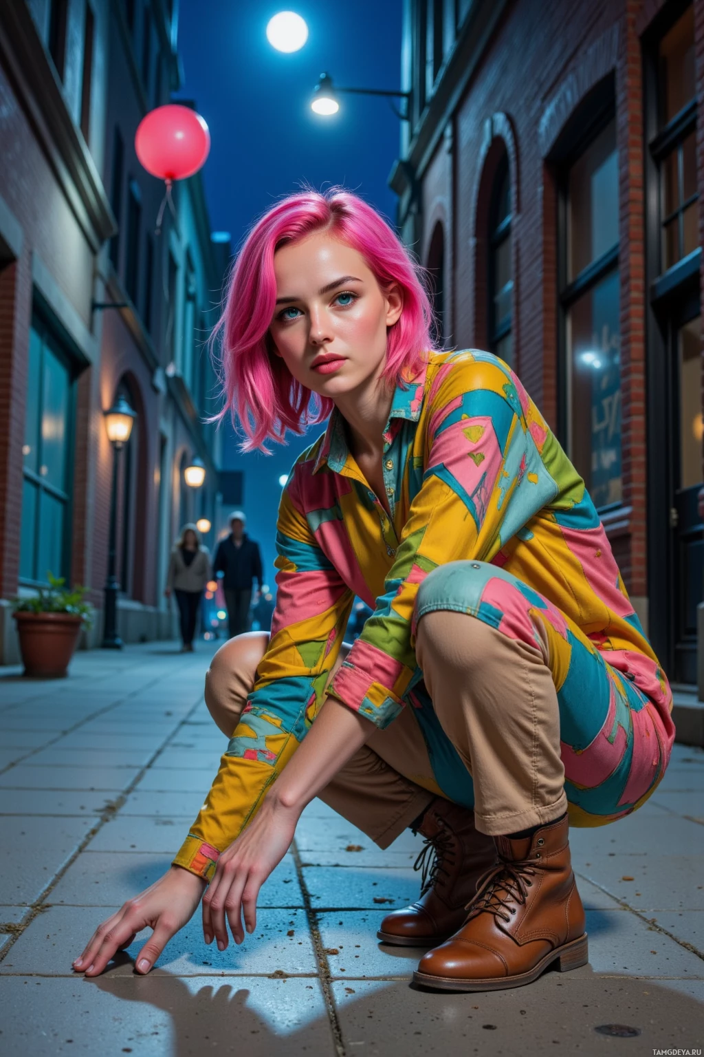 Realistic high quality photo. Woman with bright pink messy bob, vivid blue eyes, patchwork blouse with bold geometric patterns, loose colorful pants, chasing a stray balloon through a narrow moonlit alley while scribbling a poem in dusty sidewalk, surrounded by subtle shadows of night‑time city lights.