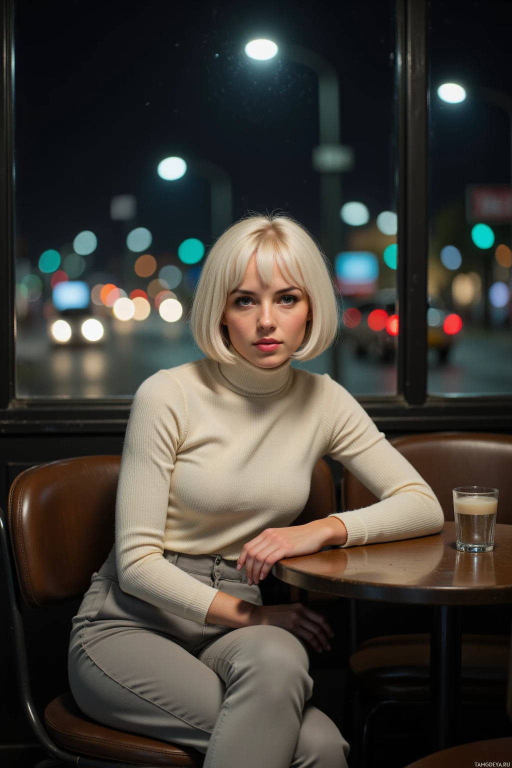 Realistic high quality photo. Woman, 31, pale skin, white bob haircut, green eyes, wearing an ivory turtleneck and light gray slacks, sits alone at a dark late‑night cafeteria table beside a window overlooking city lights, offering a copy of Camus' *The Myth of Sisyphus* to a stranger, with a quiet analytical expression as traffic hums outside.