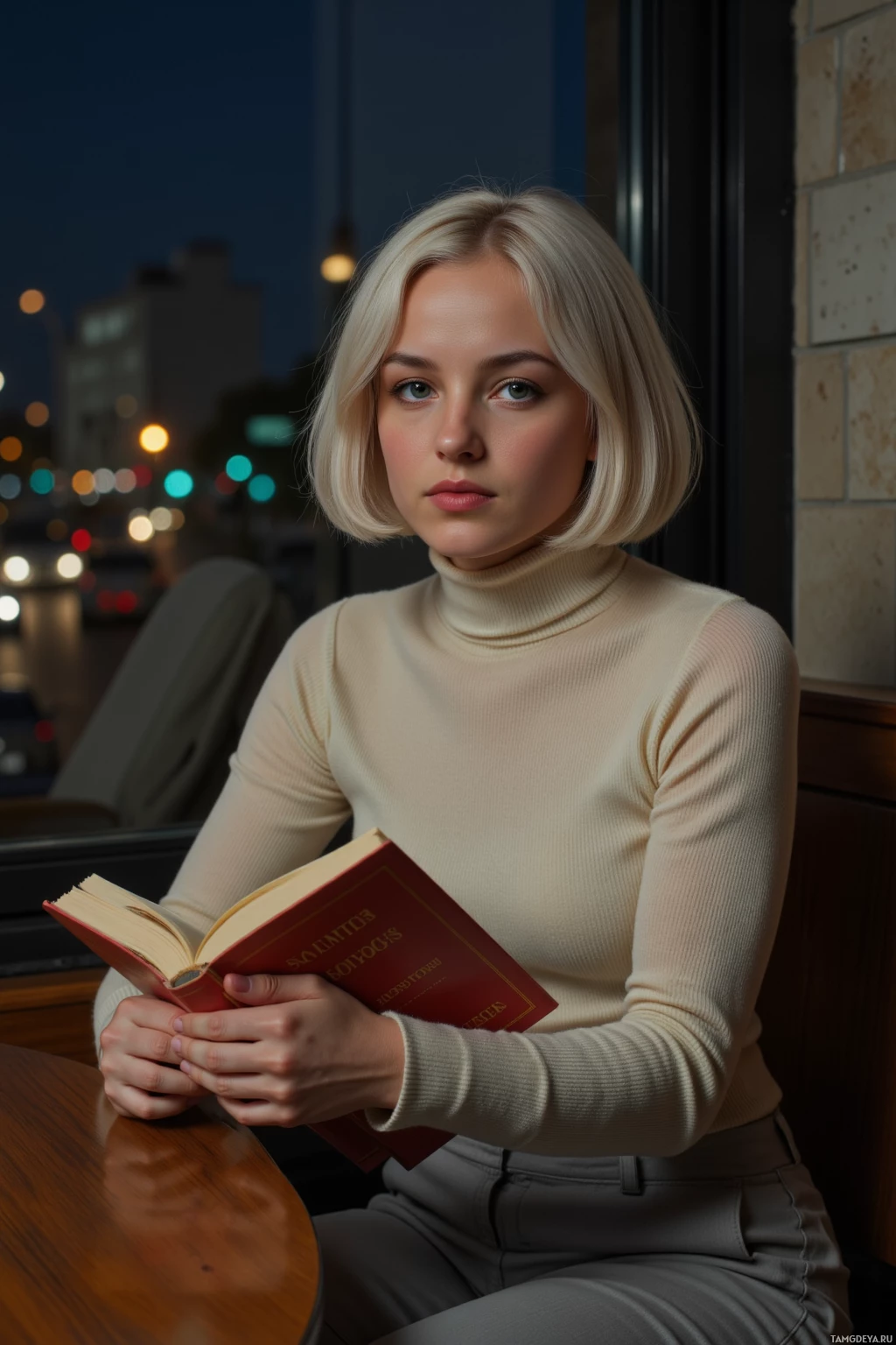 Realistic high quality photo. Woman, 31, pale skin, white bob haircut, green eyes, wearing an ivory turtleneck and light gray slacks, sits alone at a dark late‑night cafeteria table beside a window overlooking city lights, offering a copy of Camus' *The Myth of Sisyphus* to a stranger, with a quiet analytical expression as traffic hums outside.
