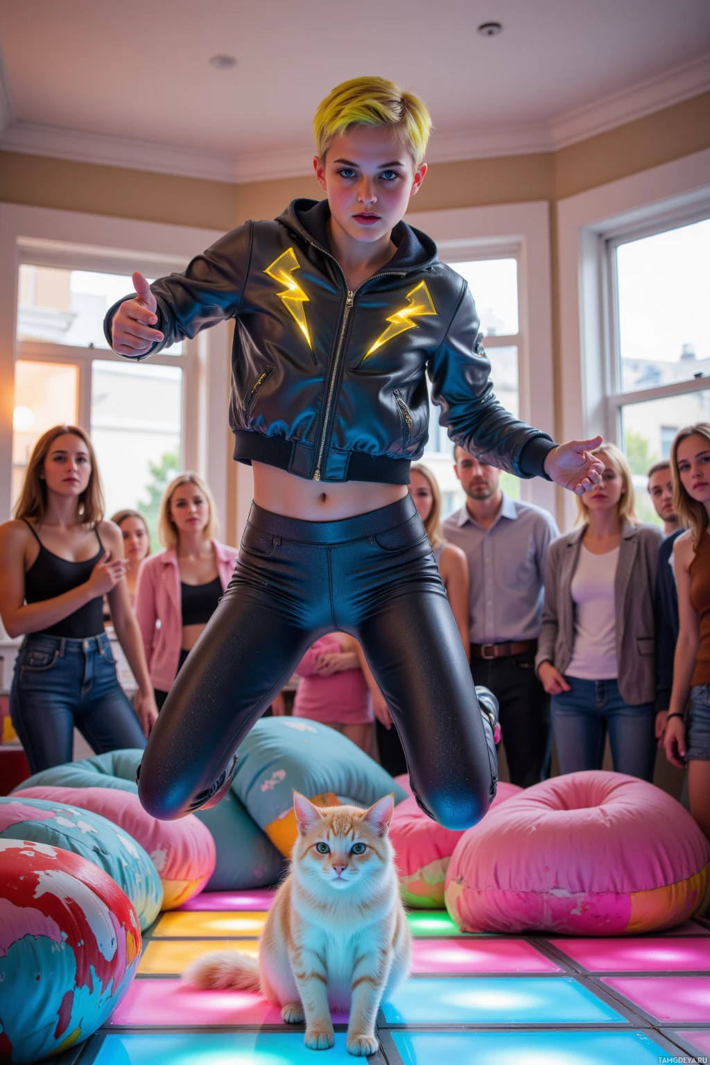 Realistic high quality photo. 21‑year‑old woman with short bright yellow hair, sparkling blue eyes, wearing a lightning‑bolt jacket and leggings, mid‑jump in a living room transformed into an LED‑strip lit dance floor, tripping over a playful cat and landing on a pile of colorful cushions, surrounded by a cheering crowd, bright afternoon light.