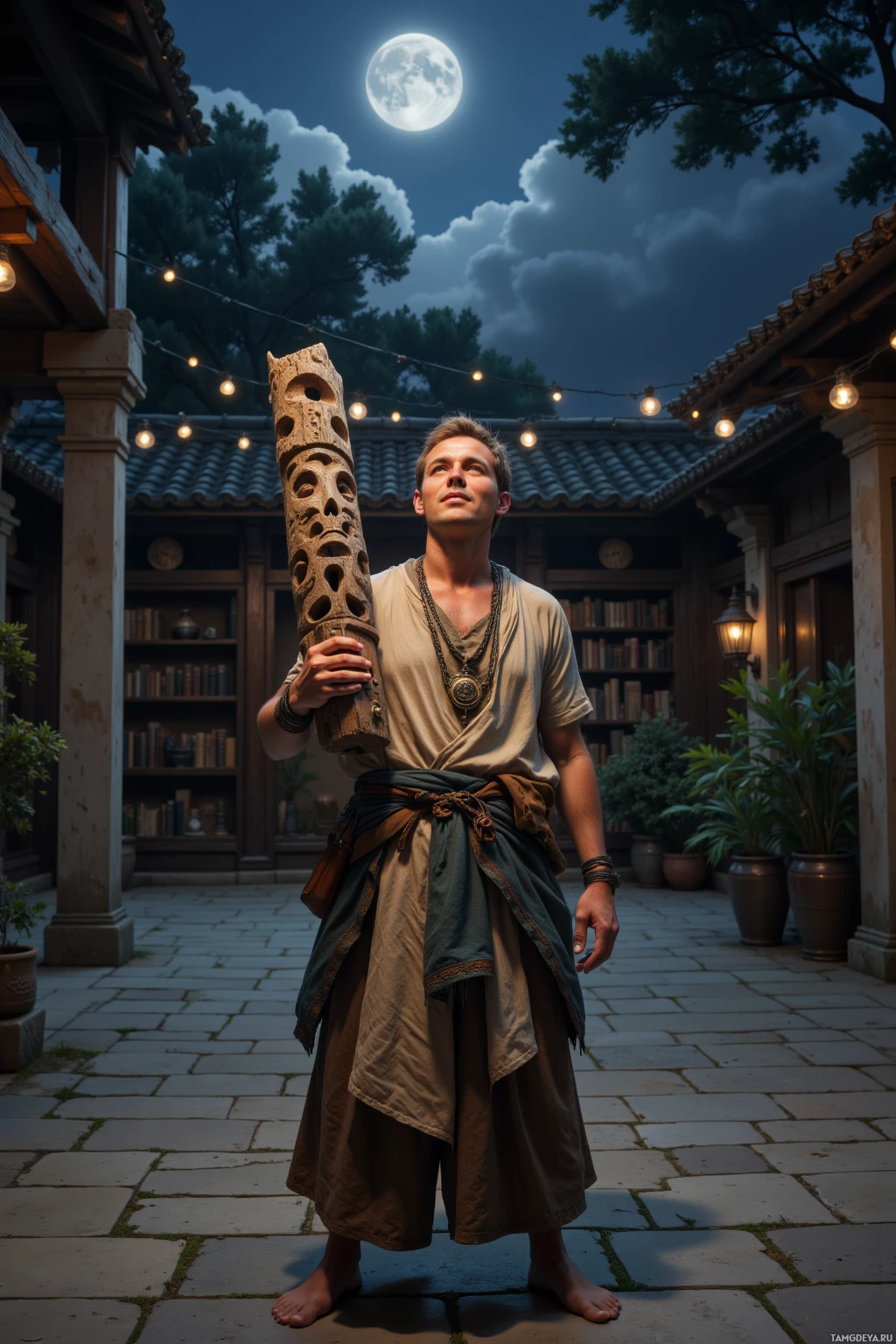 Realistic high quality photo. A 43‑year‑old man with short light brown hair, green eyes, olive skin, wearing earth‑toned loose linen with simple geometric patterns, stands in a moonlit courtyard, smirking while holding a carved totem and a brass compass pointing to the silver moon, with faint silhouettes of trees and a weathered bookcase in the background.