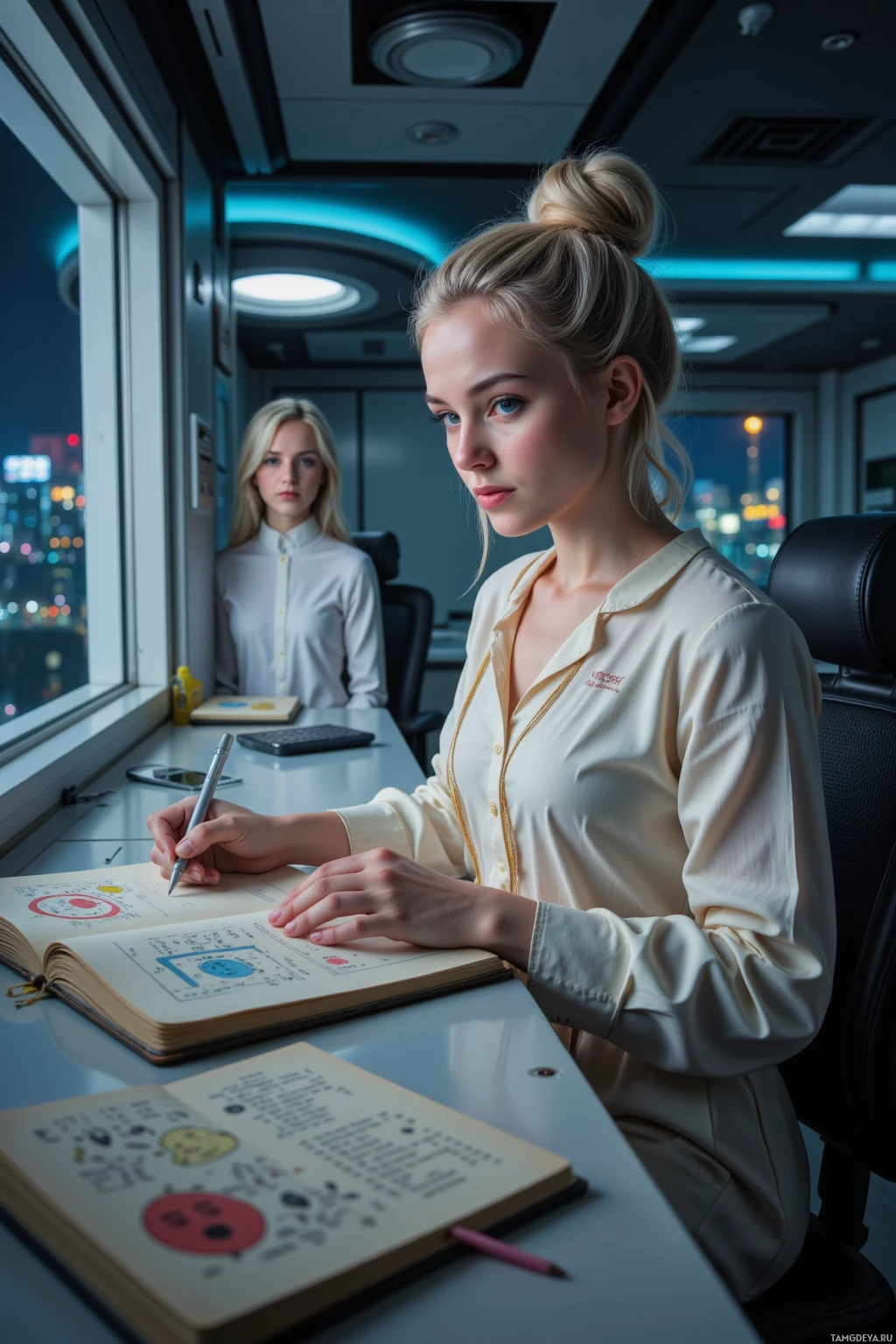Realistic high quality photo. Female, 30, long silver hair in tight bun, blue eyes, pale cream dress with faint geometric patterns, soft white slippers, inside a dim micro‑lab with a window overlooking a flickering cityscape, filing dream scenes in a journal, a figure with an exaggerated grin peeks in the background, sci‑fi environment