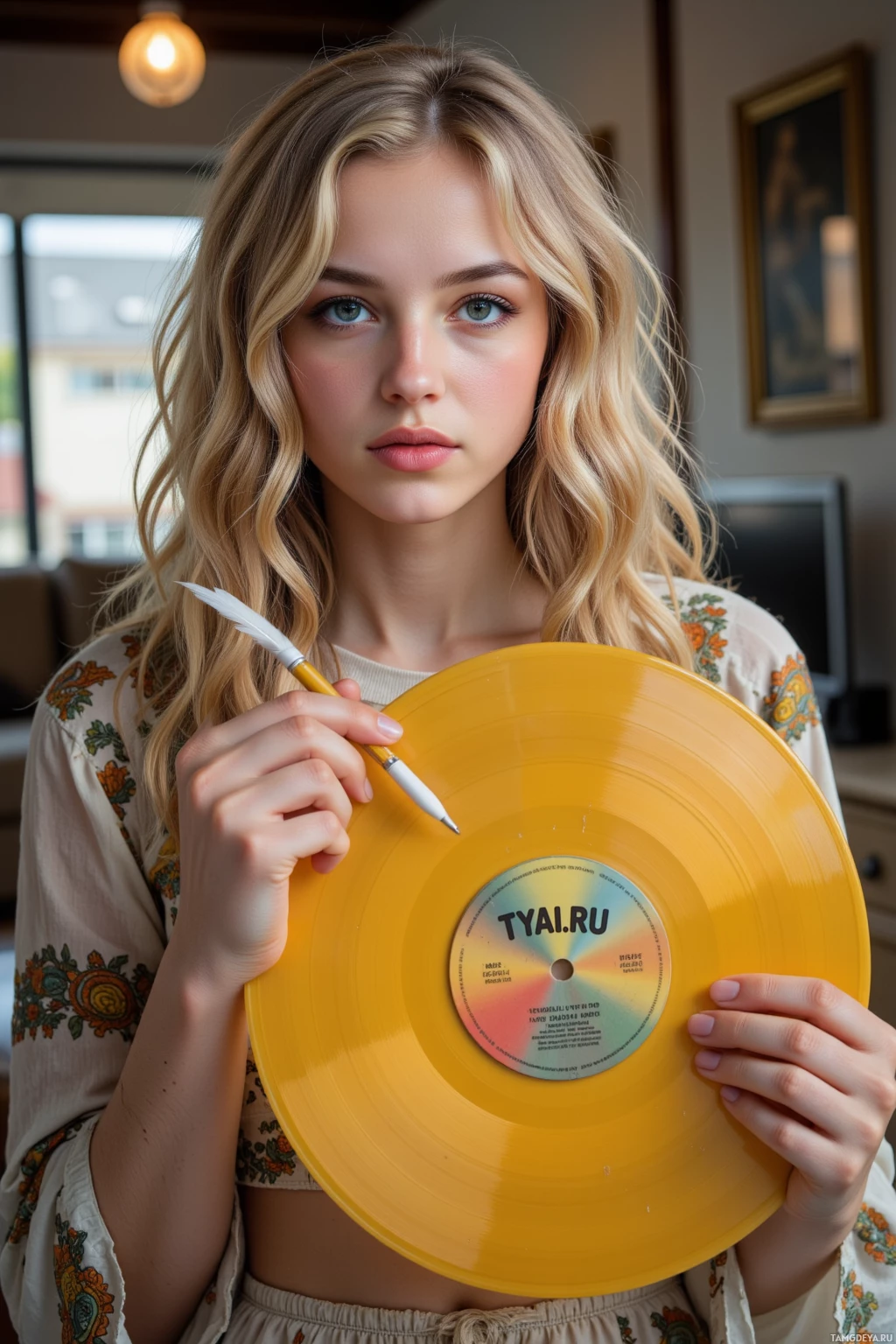 Realistic high quality photo. 29‑year‑old woman with curly blonde hair, blue eyes, porcelain skin, in a flowing bohemian dress with intricate vintage patterns, sits in a modern apartment with a warm ceiling light, dusting a mustard‑yellow 1980s synth‑pop vinyl sleeve with a feather, carefully aligning the cracked label to the light, her posture methodical and whimsical.