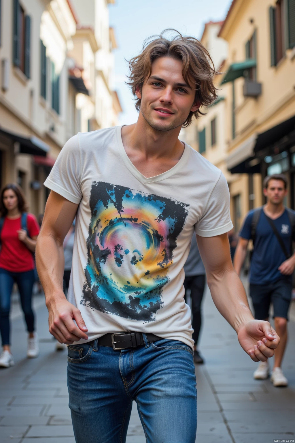 Realistic high quality photo. A 25‑year‑old male with messy light brown hair, bright blue eyes, light skin, wearing a graphic t‑shirt and fitted jeans, dancing at the street, on a bustling weekday afternoon.