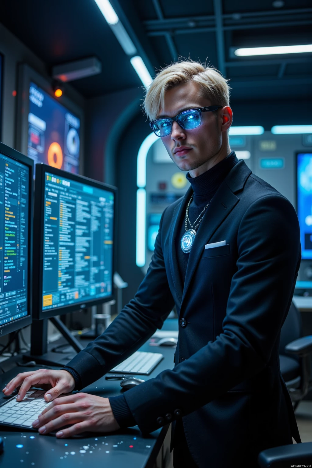 Realistic high quality photo. Tall slender male, 30, short light blonde hair in a sleek cut, bright blue almond eyes framed by glowing digital glasses, pale complexion, black high‑tech suit with shimmering threads and silver necklace with glowing orb, standing at a high‑tech workstation with twin curved monitors displaying cascading code, a tiny pulsing sphere on the desk emitting soft light, surrounded by dim ambient glow and holographic data streams in a futuristic laboratory at night.