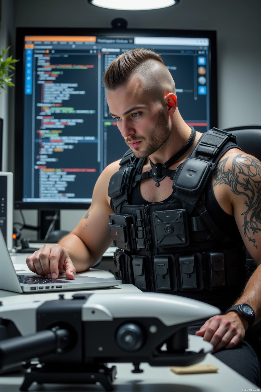 Realistic high quality photo. Male, 31, brown mohawk shaved sides, piercing blue eyes, pale skin, angular face, wearing a tactical vest over a black tank top and combat boots, seated at a modern office desk with a laptop showing firmware code, a custom drone prototype on the workbench, precise focused expression, intense concentration, office lighting, Wi‑Fi ping icons on the screen.