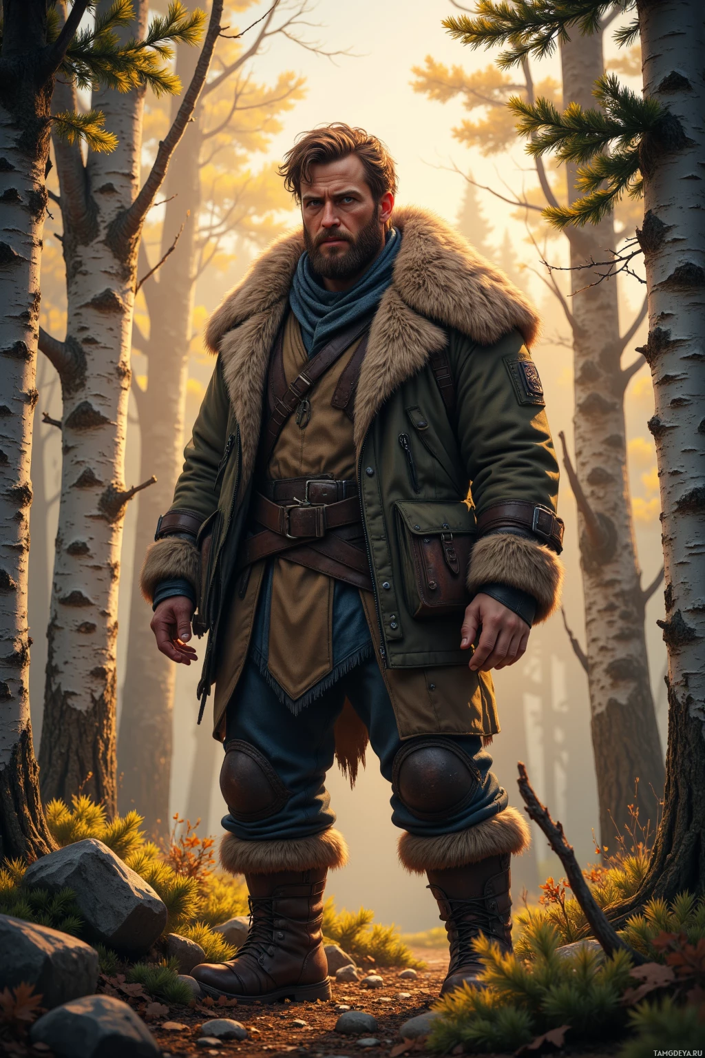 Realistic high quality photo. Large male, 36, messy light brown hair, thick light brown beard, piercing blue eyes, pale skin with freckles, wearing a rugged fur‑lined jacket, standing with a firm stance in a birch grove surrounded by pine trees, sunrise light filtering through, a stone tucked in his boot, fresh claws visible, wind swirling around him, guarding the forest like a bear.