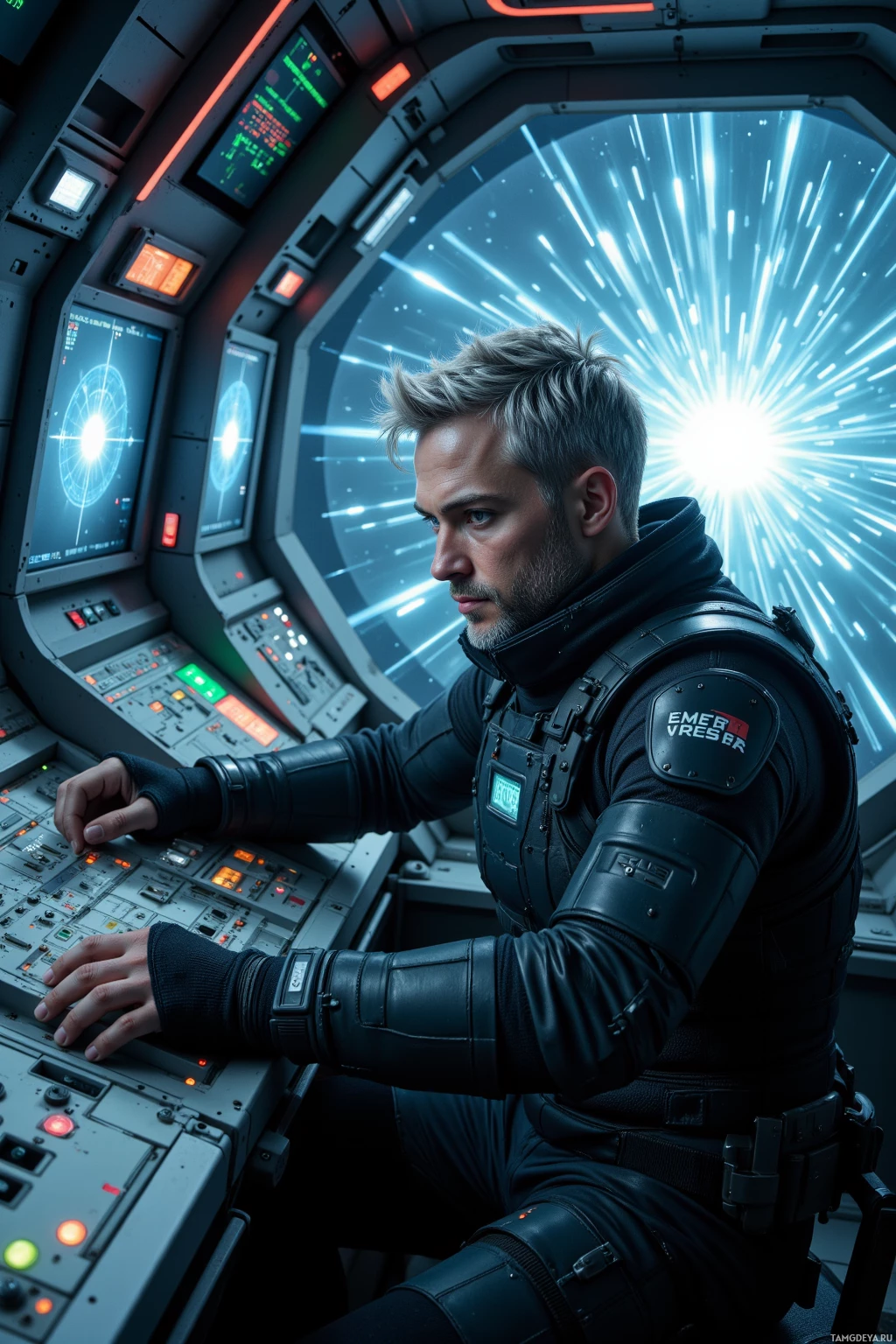 Realistic high quality photo. Tall 34‑year‑old man with short silver hair, piercing blue eyes, wearing sleek tactical gear, seated in a high‑tech spaceship control room, surrounded by holographic displays of a low‑density plasma field and spectral readouts, calibrating a quantum stabilizer, posture straight and focused, as a subtle pattern glows on the screens.