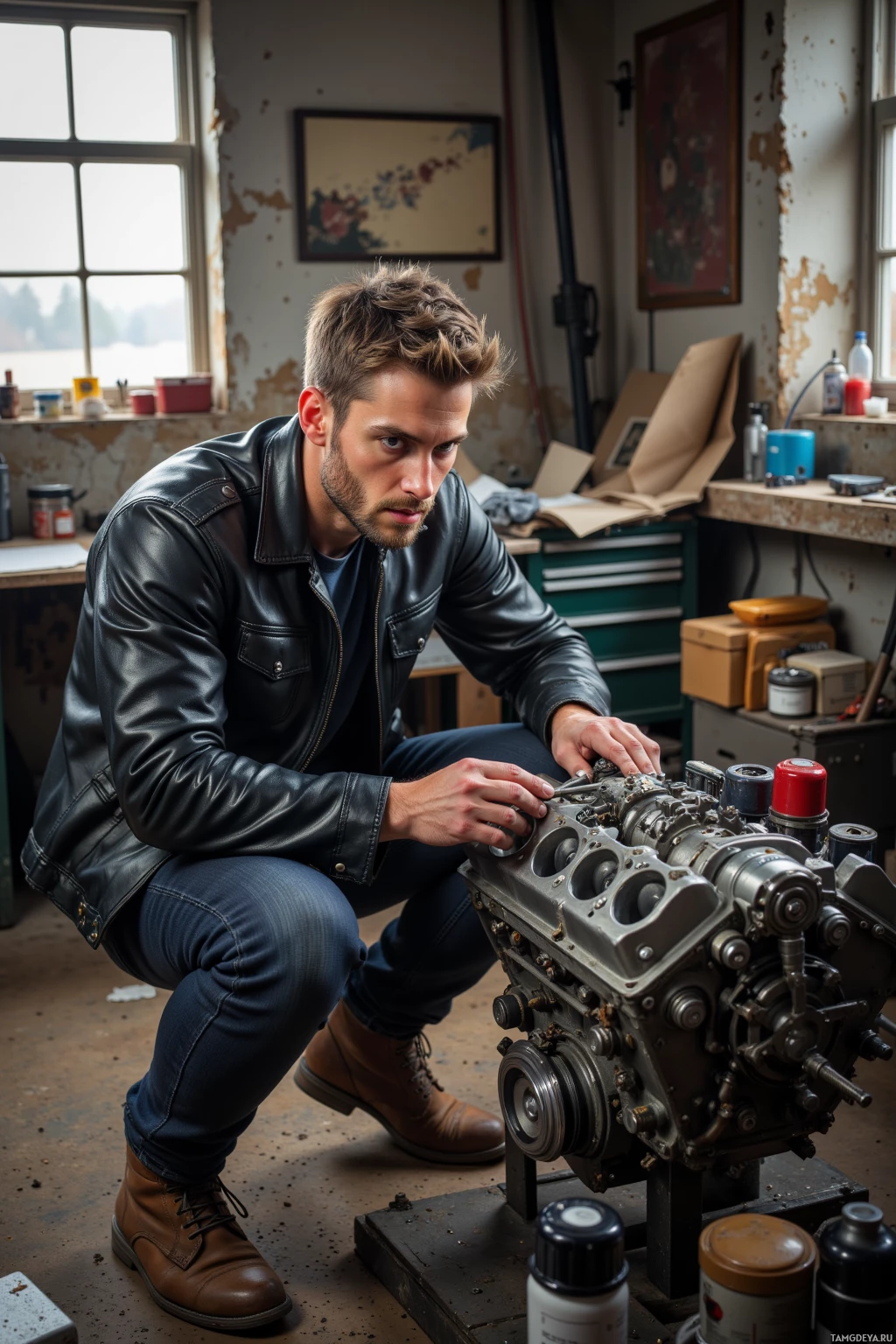 Realistic high quality photo. A 27‑year‑old man with short brown hair, piercing blue eyes, tanned skin, wearing a black leather jacket, dark jeans, and worn motorcycle boots, intensely adjusting cam timing on a V8 engine in a cluttered garage, holding a micrometer, surrounded by oil filters and tools, with daylight filtering through dusty windows.