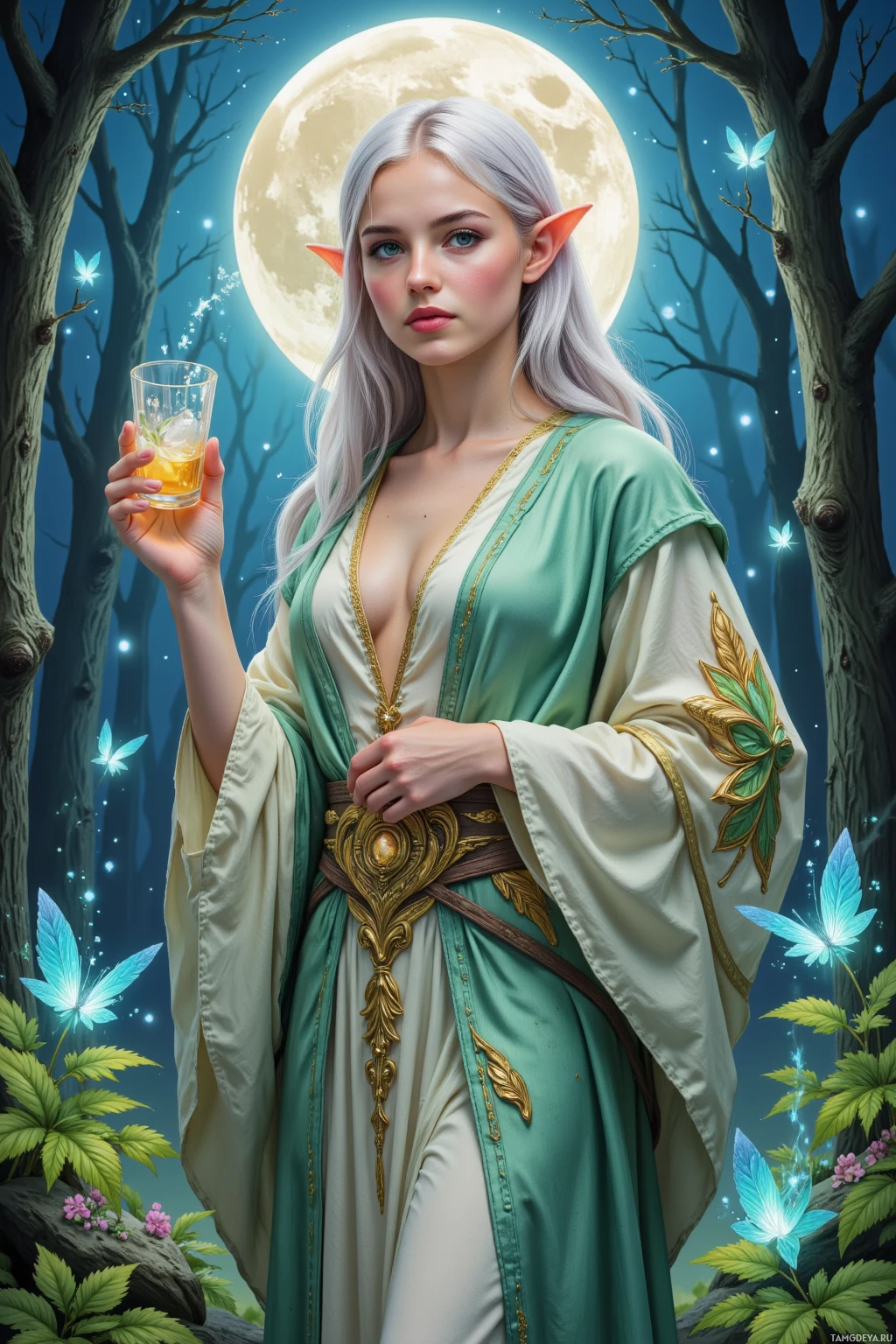 Realistic high quality photo. Graceful elven mage with silver blonde hair and bright green eyes, pastel leaf‑embroidered robes, standing in a moonlit forest clearing surrounded by wandering sprites, holding a crystal glass spilling liquid, brandishing a shimmering shield, surrounded by glittering nettles and sparkling herbs, radiating a calm protective aura.