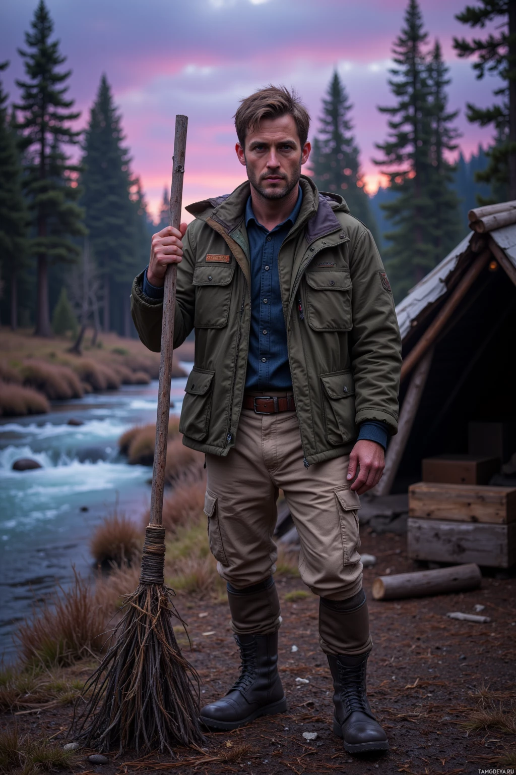 Realistic high quality photo. A 36‑year‑old man with messy light brown hair, bright blue eyes, pale skin, wearing a worn olive‑green jacket and rugged beige cargo pants, stands beside a gently flowing river cutting through pine needles under a bruised violet twilight sky, holding a simple fire‑plough of sticks, a wooden box placed beside a crude shelter, forest setting, calm determined expression, modern realism.