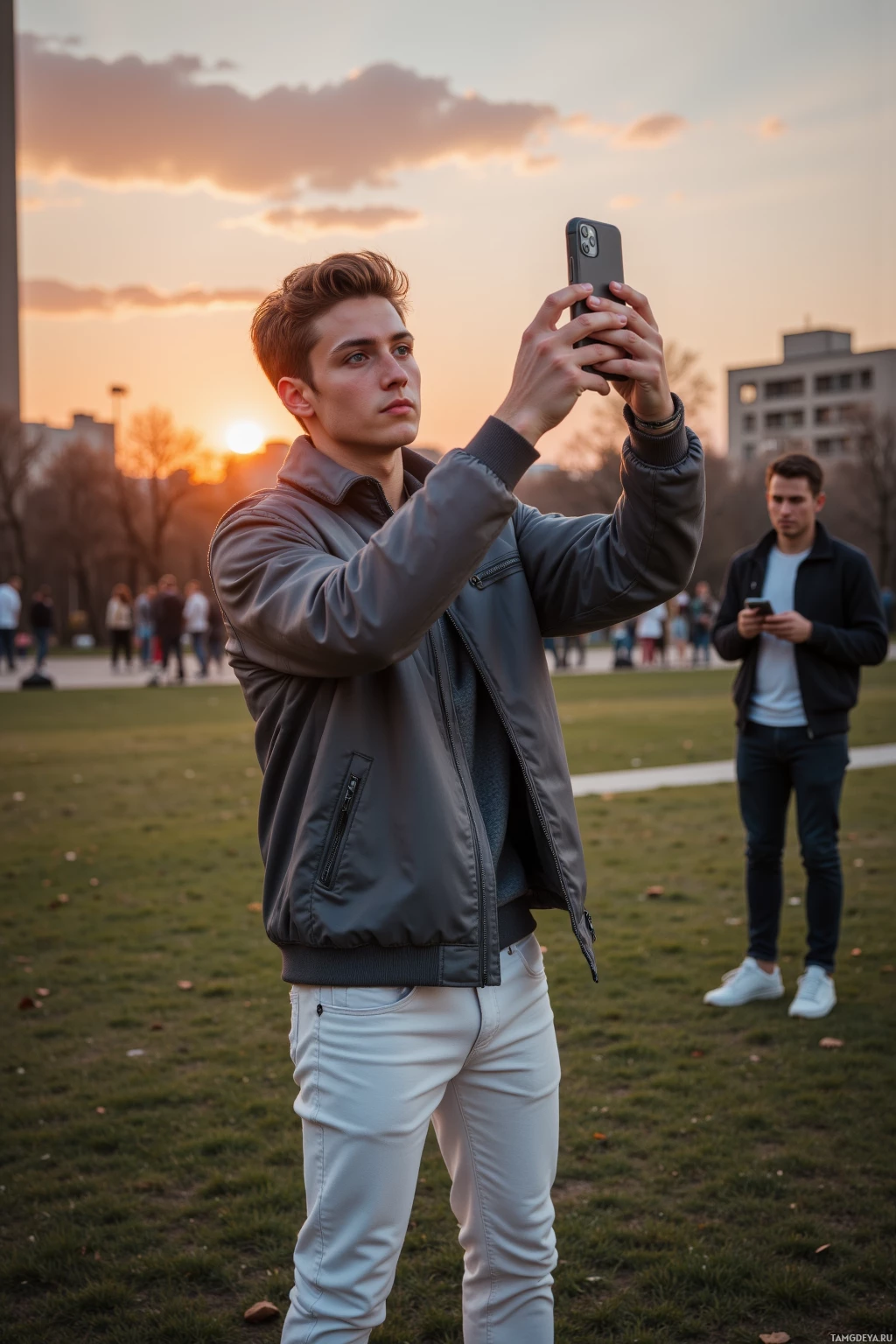 Realistic high quality photo. Young male, 22, styled light brown hair, bright blue eyes, wearing a trendy grey jacket, white sneakers, slim white pants, holding a smartphone for a sunrise selfie on a quiet urban park lawn, sunrise sky glowing orange and pink, his face illuminated by early light, a few onlookers watching in the background.