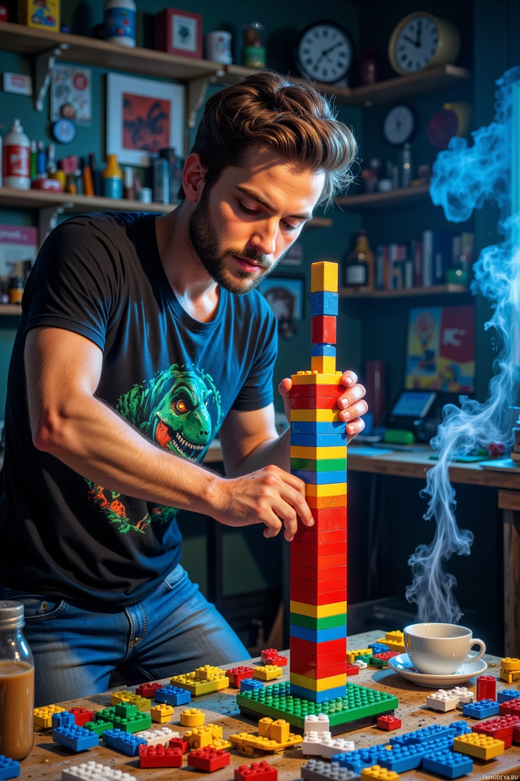 Realistic high quality photo. Nighttime in a cluttered home workshop, a 29‑year‑old man with messy dark hair, bright blue eyes, fair skin with freckles, wearing a dinosaur and Lego graphic T‑shirt, jeans, and sneakers, hunched over a cluttered workbench full of glow‑in‑the‑dark bricks and scattered plastic Lego parts, holding a tall tower topped with a bright red block while a haze of glue fumes rises around a steaming cup of espresso, his eyes focused on a minifig arm to test its strength.