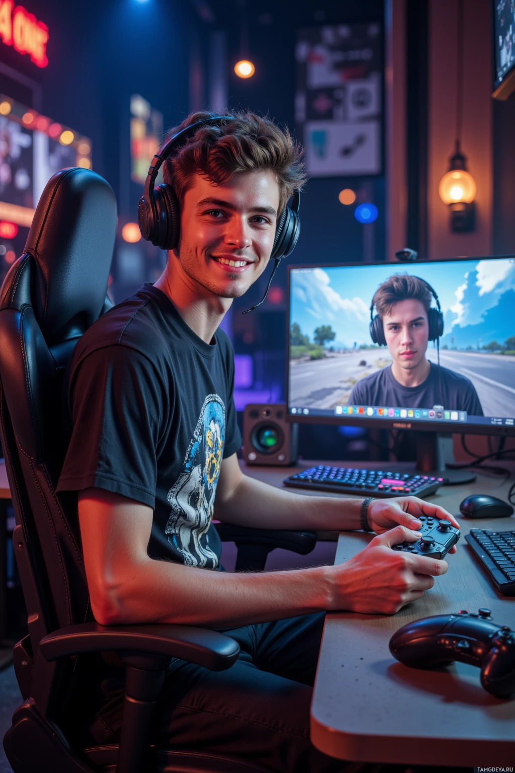 Realistic high quality photo. Male, 24, messy brown hair, blue eyes, playful expression, wearing a graphic T‑shirt and headphones, standing in a modern streaming studio with a large monitor, microphone, and warm glow lighting the scene, addressing a live chat audience on a secondary screen while holding a gaming controller, in a lively evening setting.