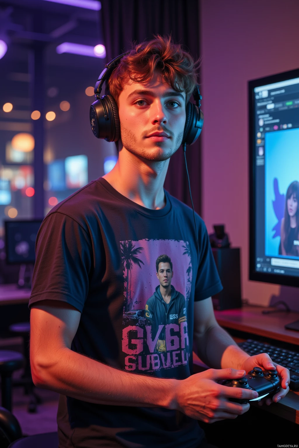 Realistic high quality photo. Male, 24, messy brown hair, blue eyes, playful expression, wearing a graphic T‑shirt and headphones, standing in a modern streaming studio with a large monitor, microphone, and warm glow lighting the scene, addressing a live chat audience on a secondary screen while holding a gaming controller, in a lively evening setting.