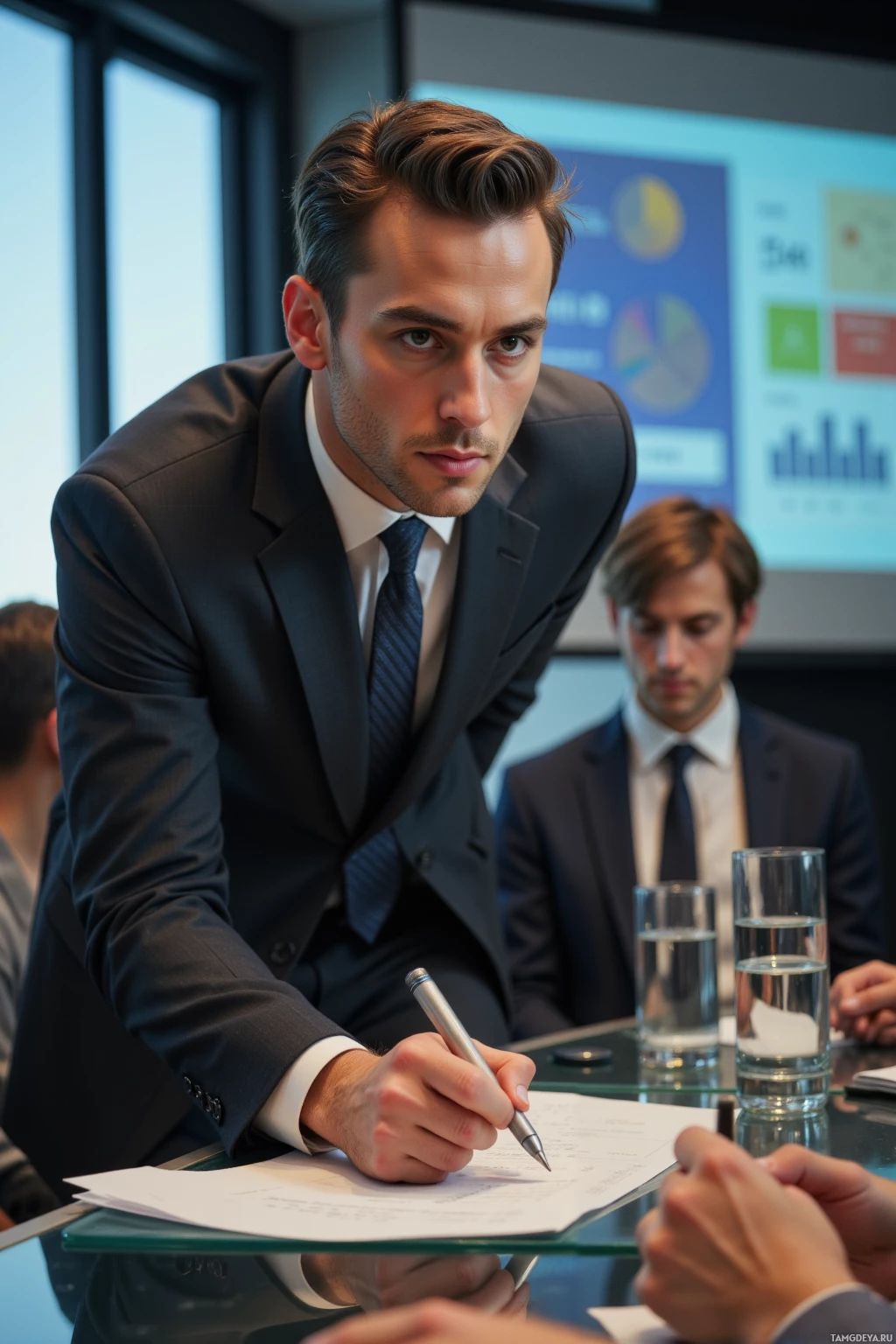 Realistic high quality photo. A sharply dressed 37‑year‑old man with dark brown slicked‑back hair, intense brown eyes, pale skin, a prominent nose, and a strong jawline, wearing a dark charcoal tailored suit and crisp white shirt, leans forward in a modern conference room at late afternoon, nodding decisively to halt a junior analyst mid‑proposal, surrounded by polished glass tables and a projected screen, exuding strategic command.